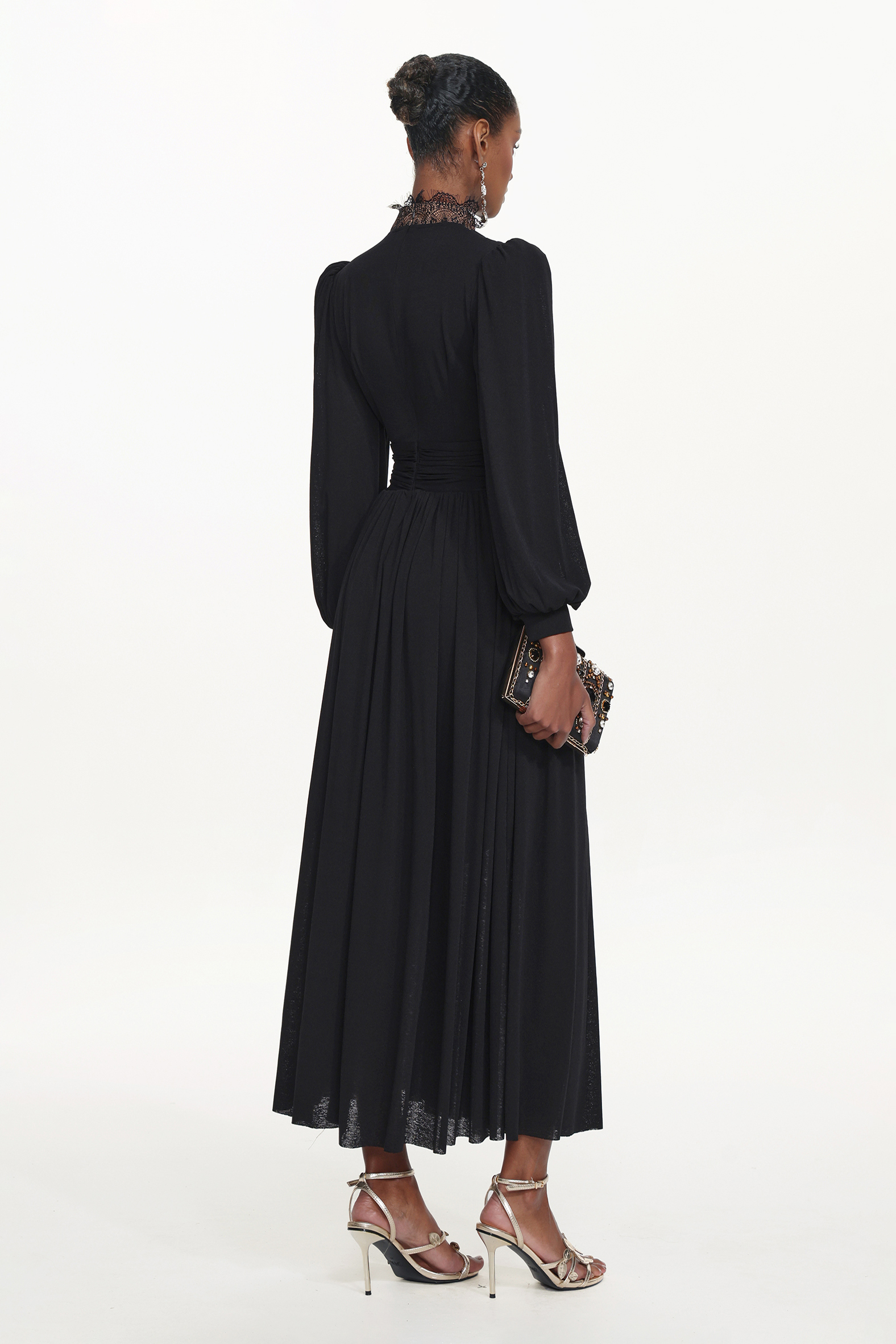 Rebecca Chic Contour Long Sleeve Ruched Lace Knit Maxi Dress