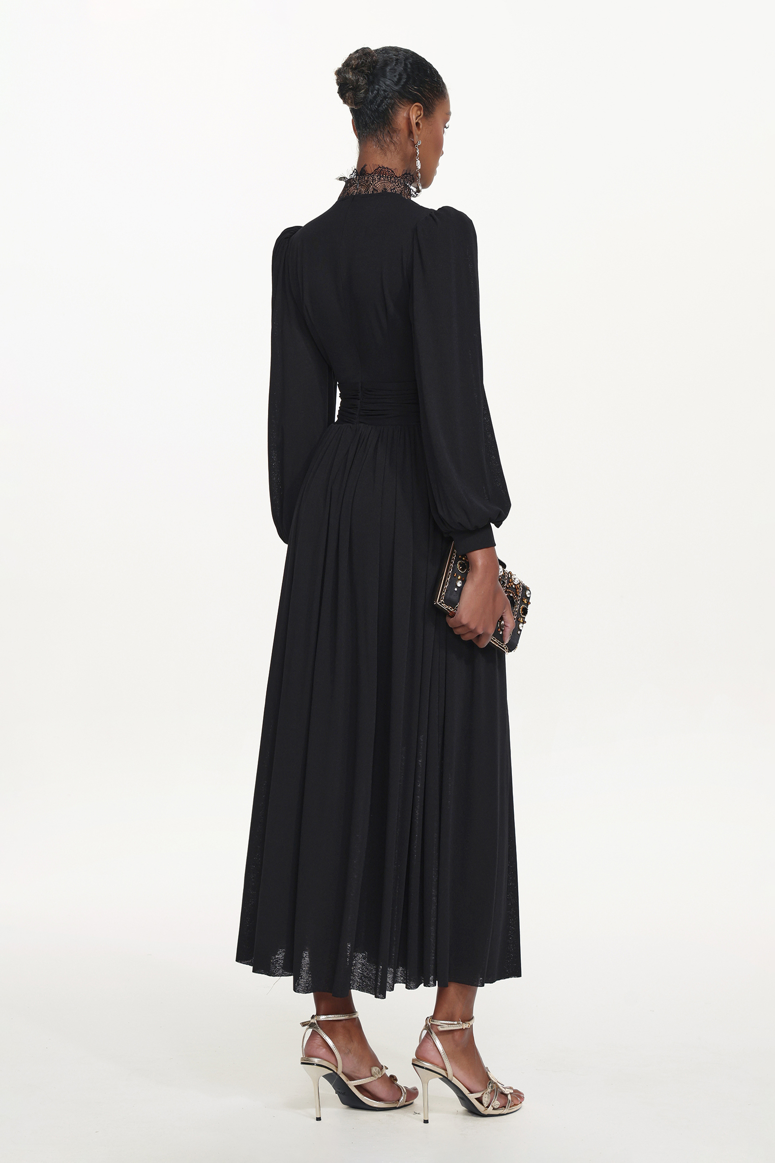 Rebecca Chic Contour Long Sleeve Ruched Lace Knit Maxi Dress