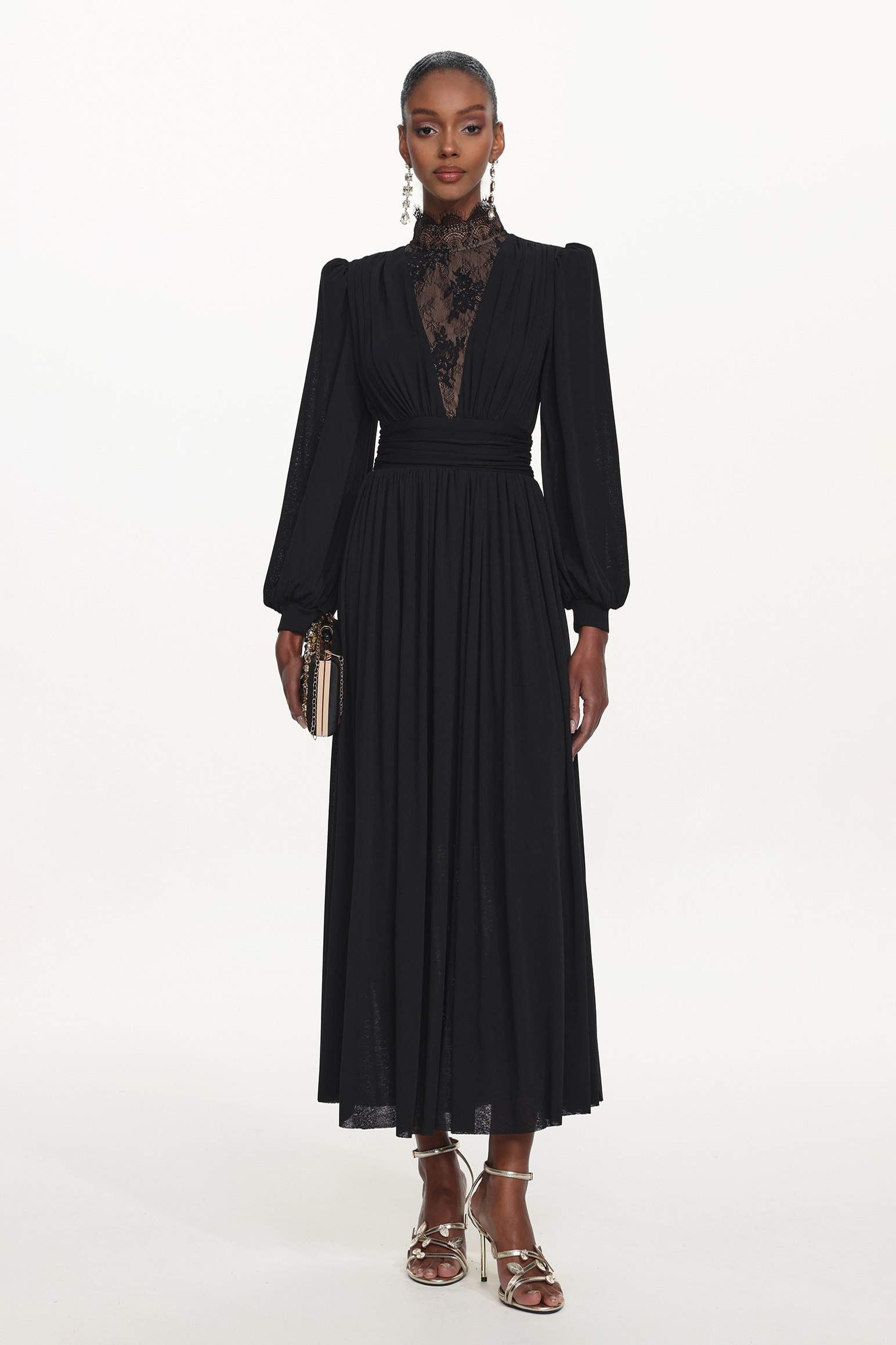 Rebecca Chic Contour Long Sleeve Ruched Lace Knit Maxi Dress