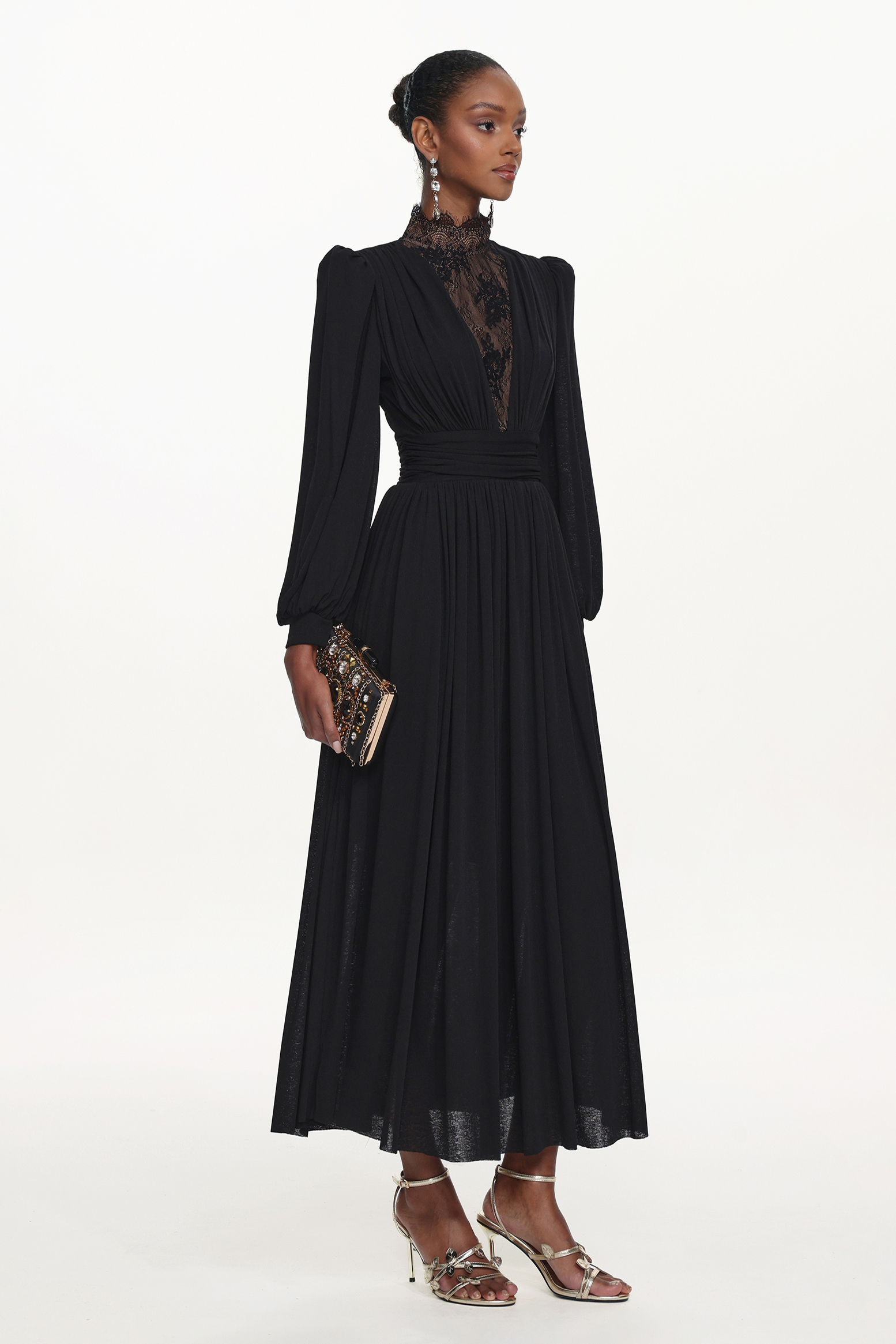Rebecca Chic Contour Long Sleeve Ruched Lace Knit Maxi Dress
