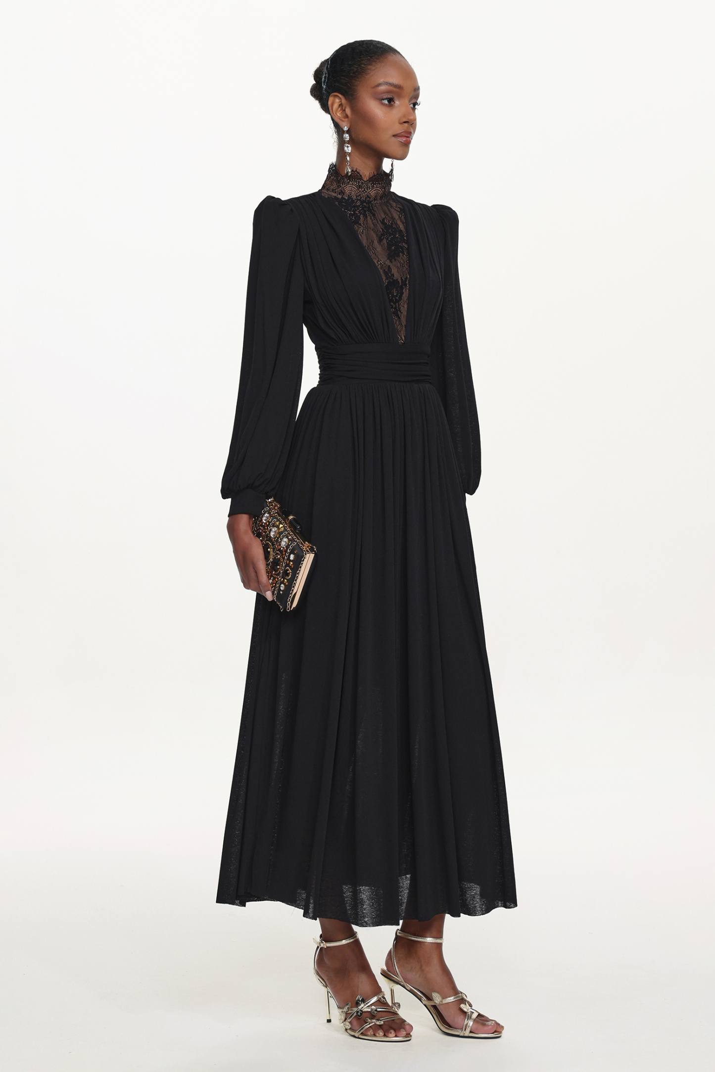 Rebecca Chic Contour Long Sleeve Ruched Lace Knit Maxi Dress