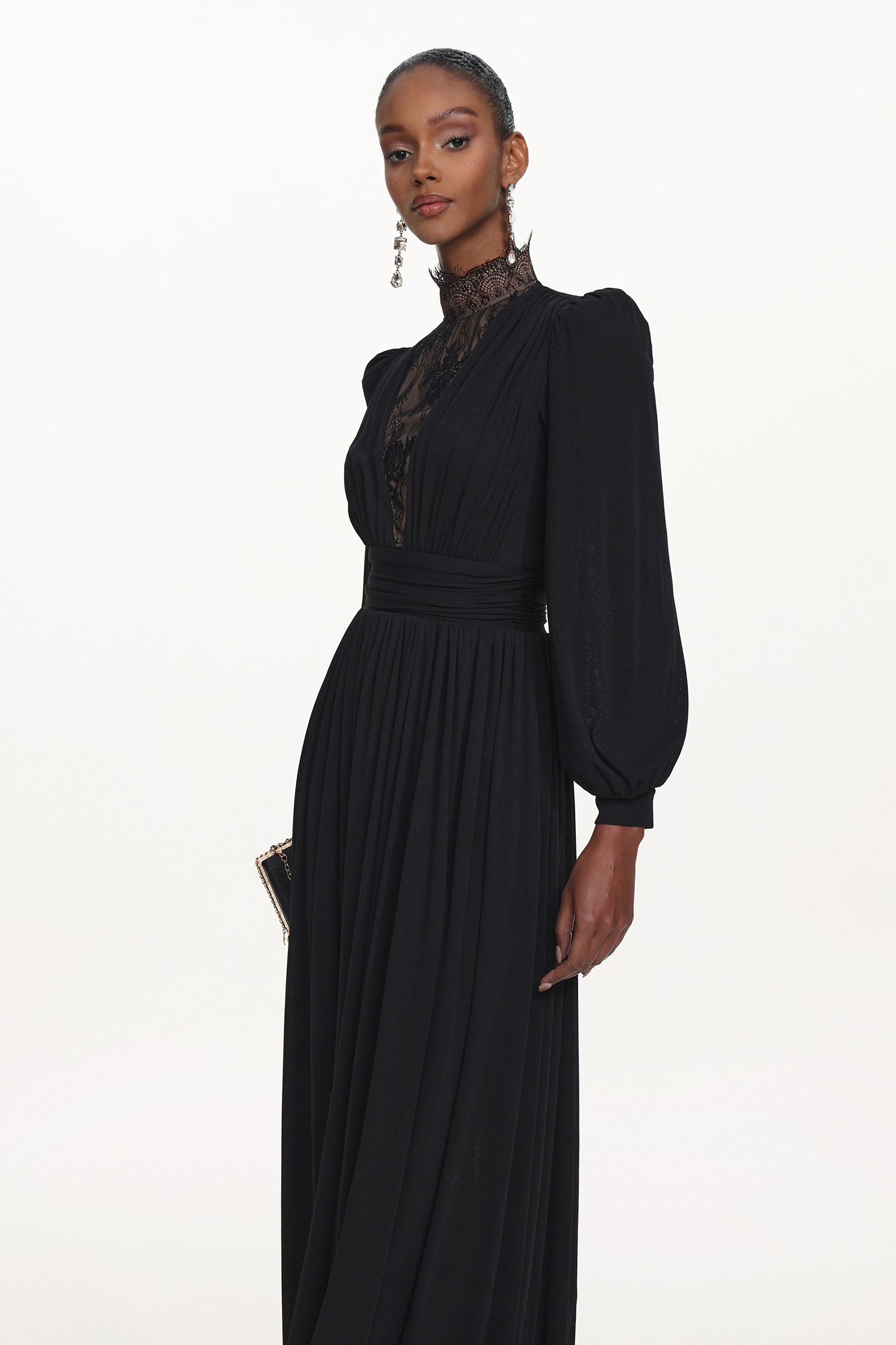 Rebecca Chic Contour Long Sleeve Ruched Lace Knit Maxi Dress
