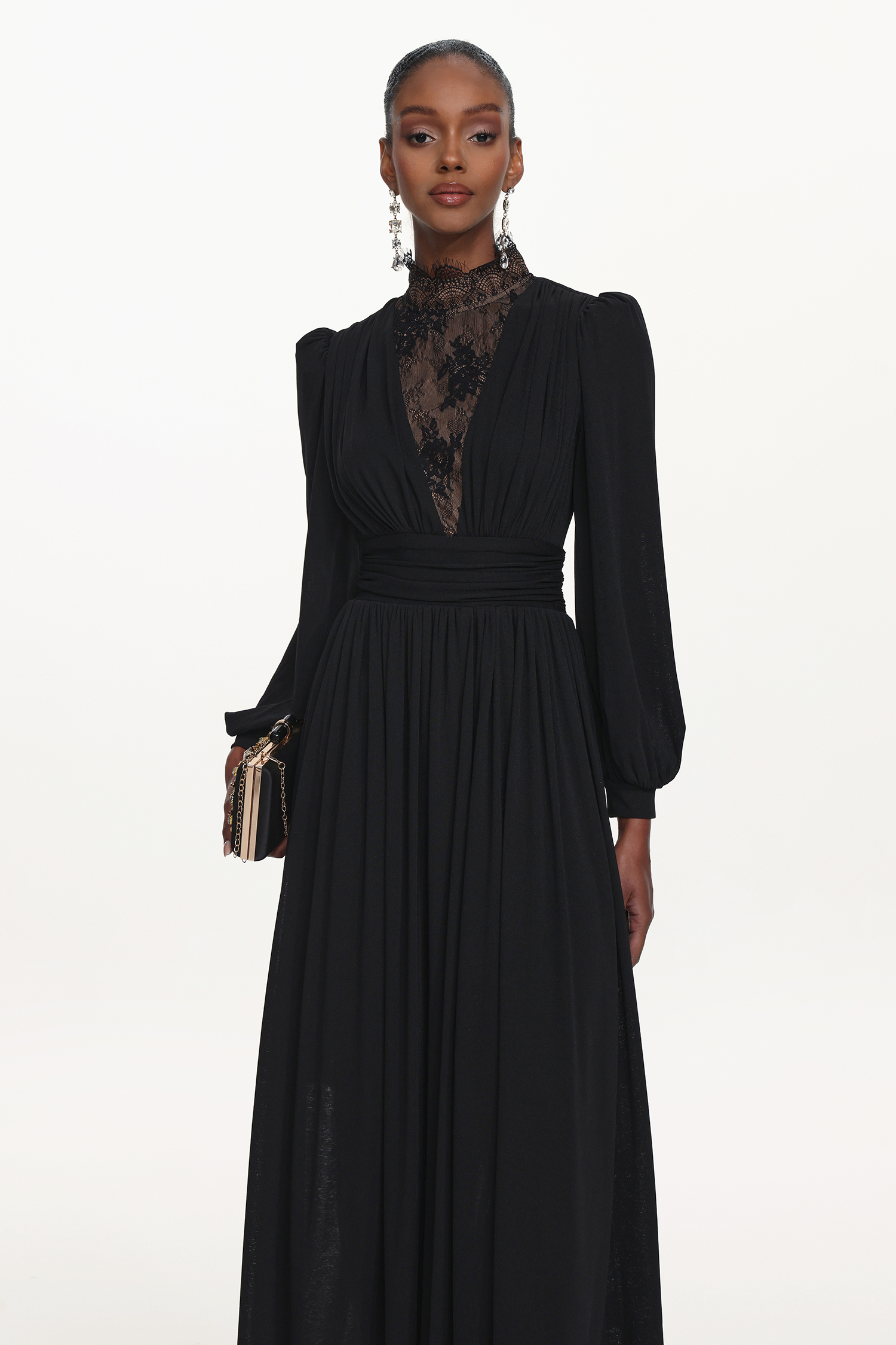 Rebecca Chic Contour Long Sleeve Ruched Lace Knit Maxi Dress
