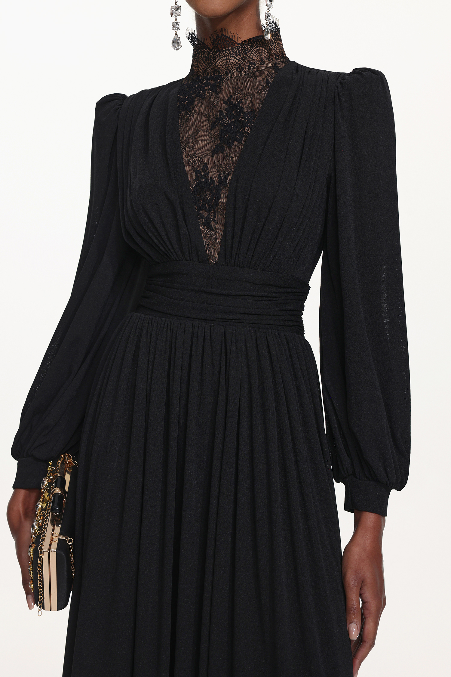 Rebecca Chic Contour Long Sleeve Ruched Lace Knit Maxi Dress