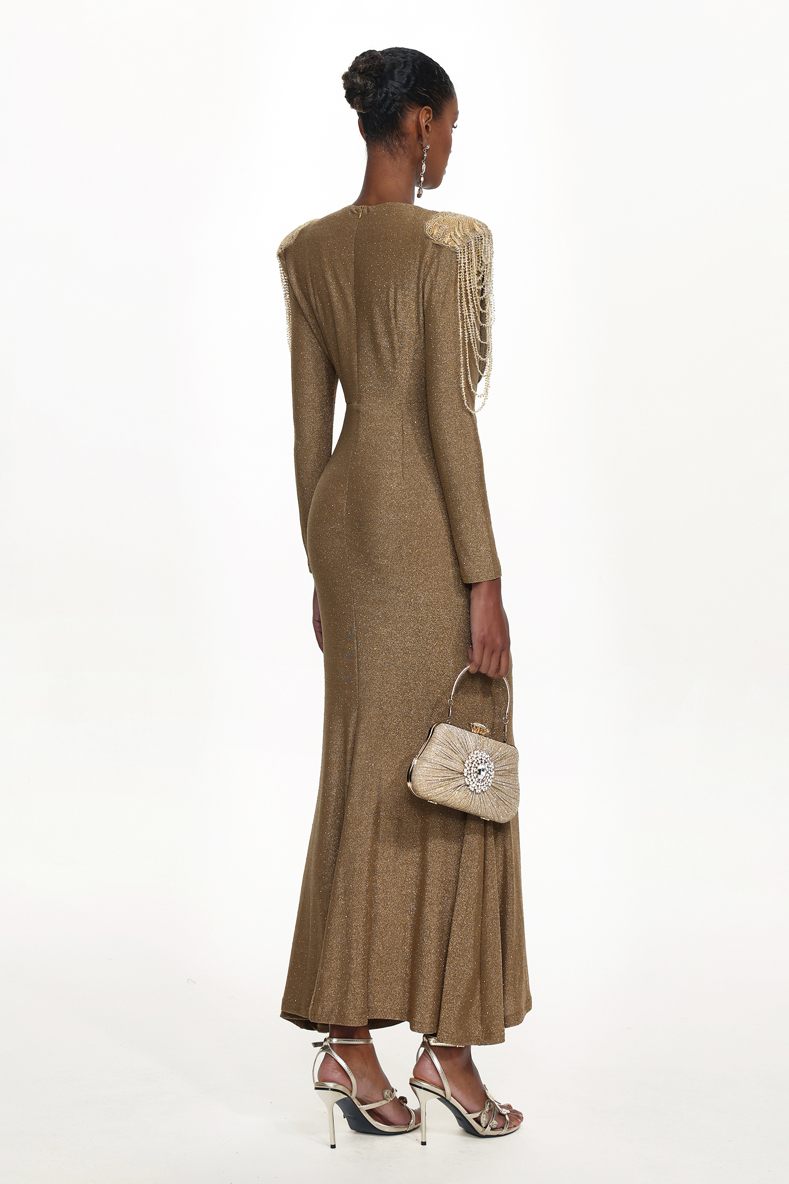 Suri Elegant Contour V Neck Long Sleeve Beaded Fringe Ruched Knit Maxi Dress