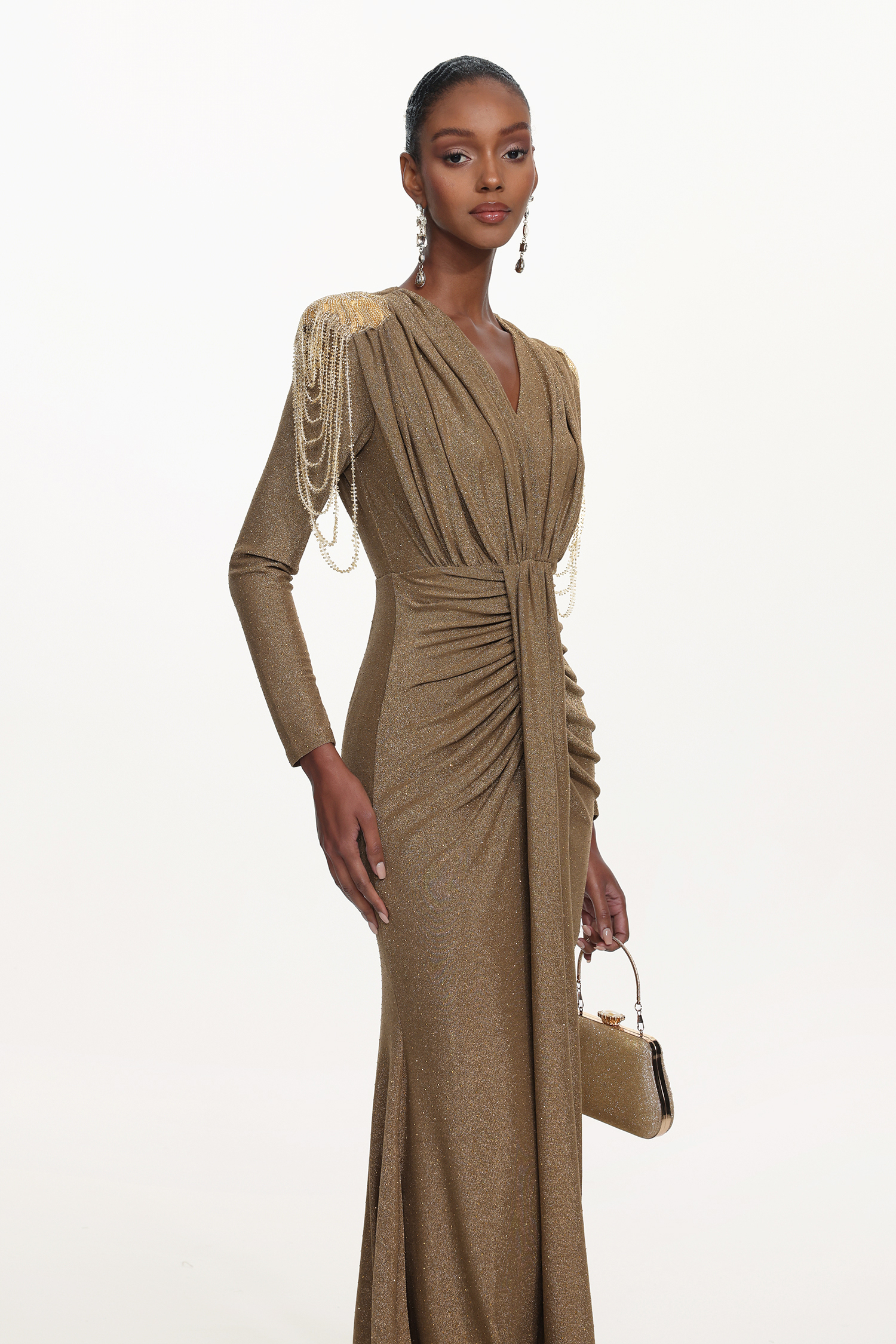 Suri Elegant Contour V Neck Long Sleeve Beaded Fringe Ruched Knit Maxi Dress