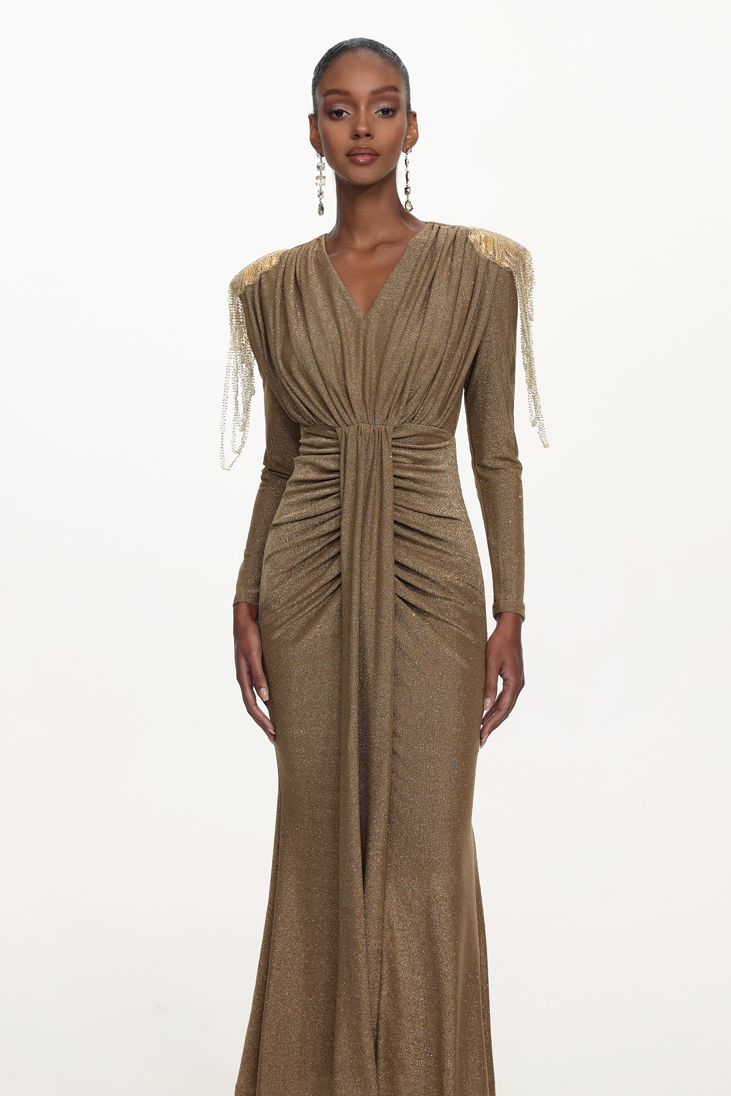 Suri Elegant Contour V Neck Long Sleeve Beaded Fringe Ruched Knit Maxi Dress