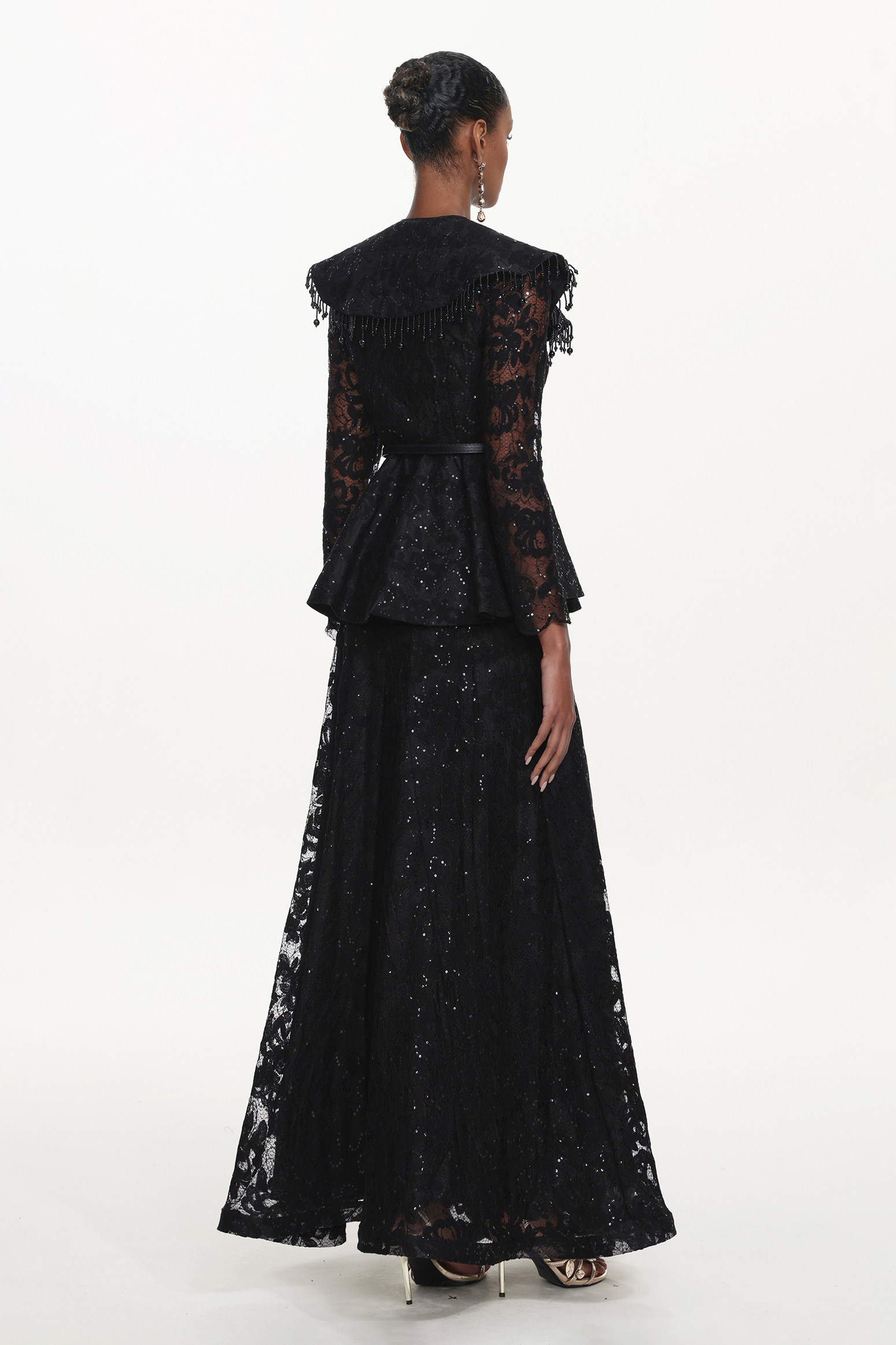 Marcia Romantic Tailored Long Sleeve Lace Black Top and Skirt Set