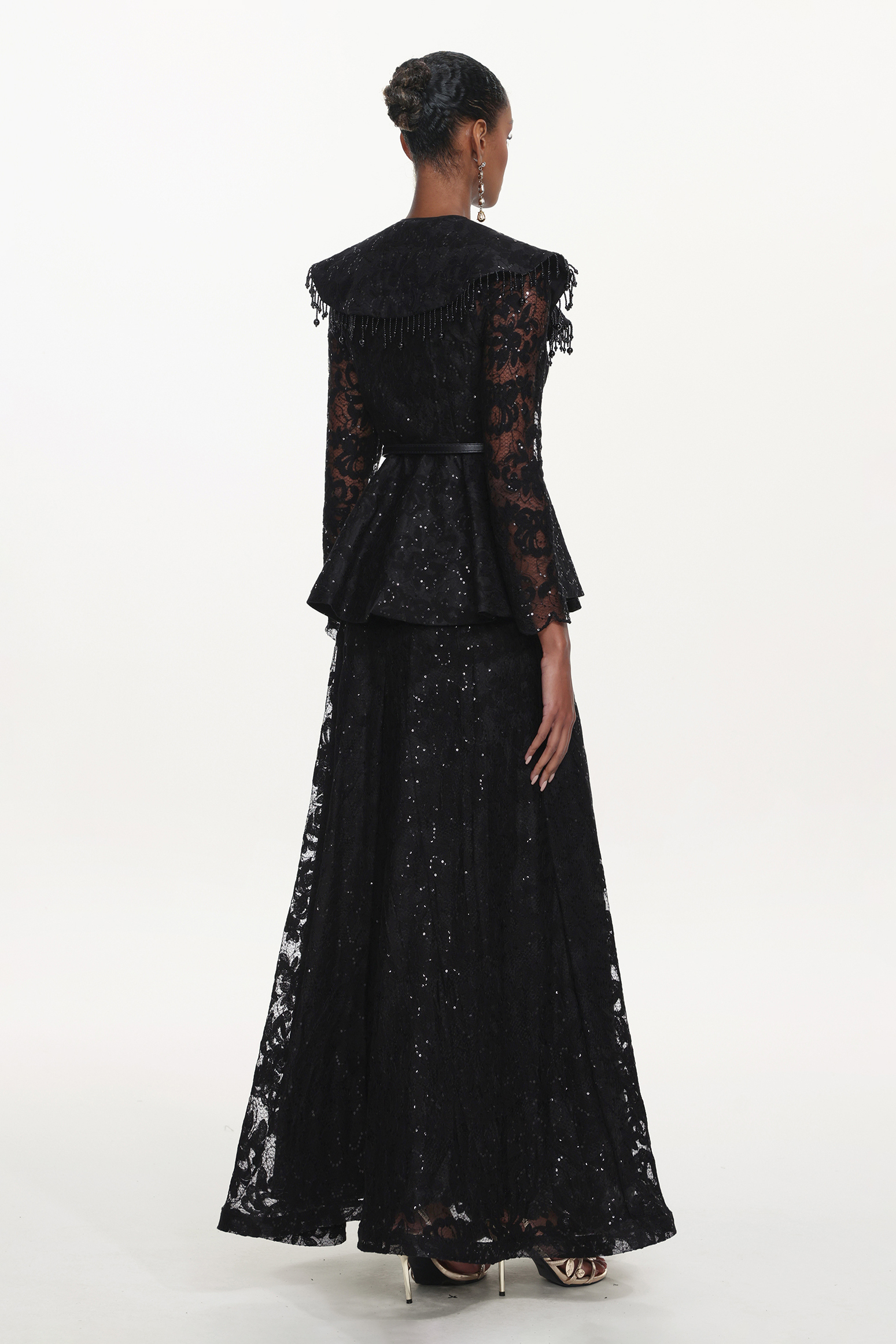 Marcia Romantic Tailored Long Sleeve Lace Black Top and Skirt Set