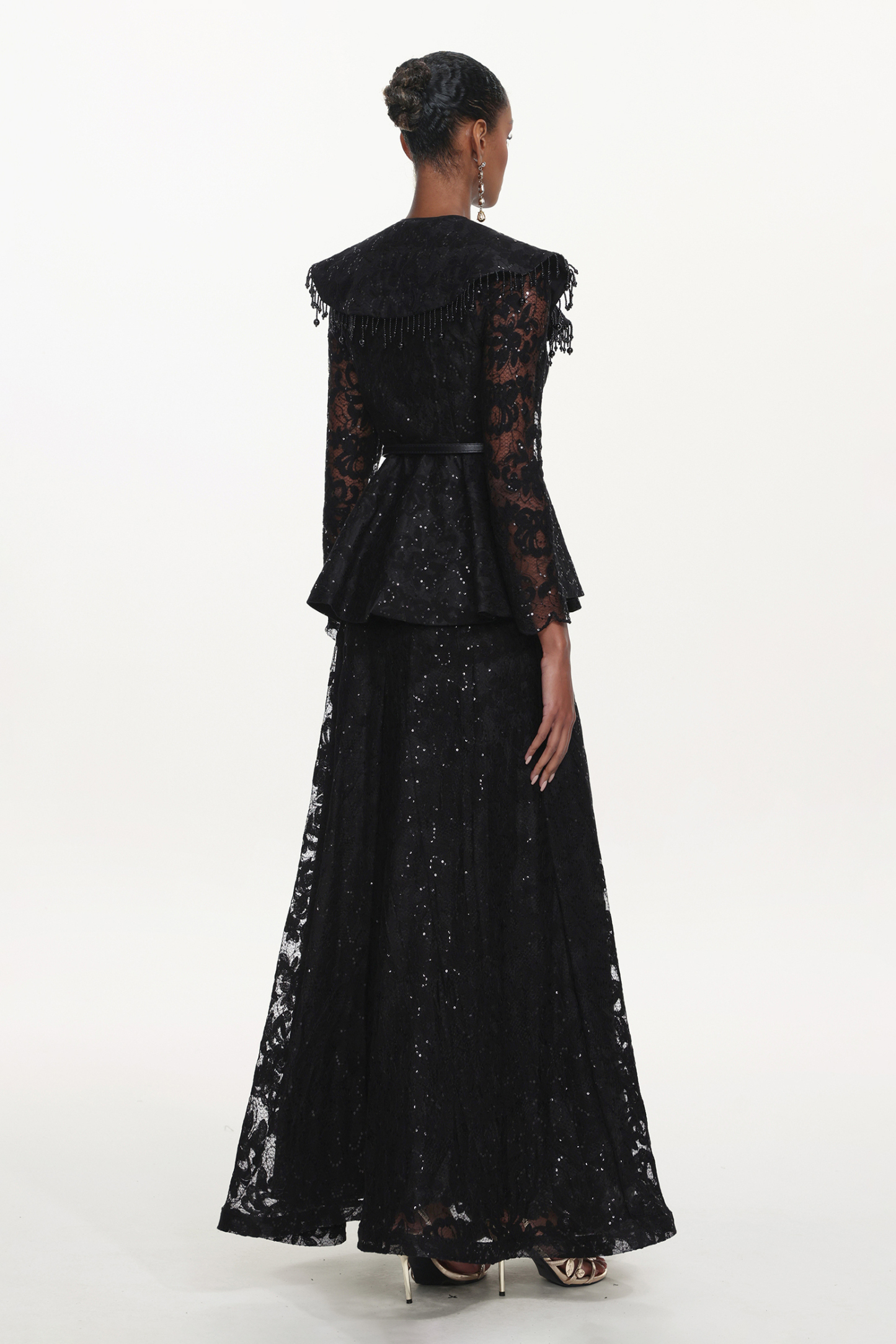 Marcia Romantic Tailored Long Sleeve Lace Black Top and Skirt Set