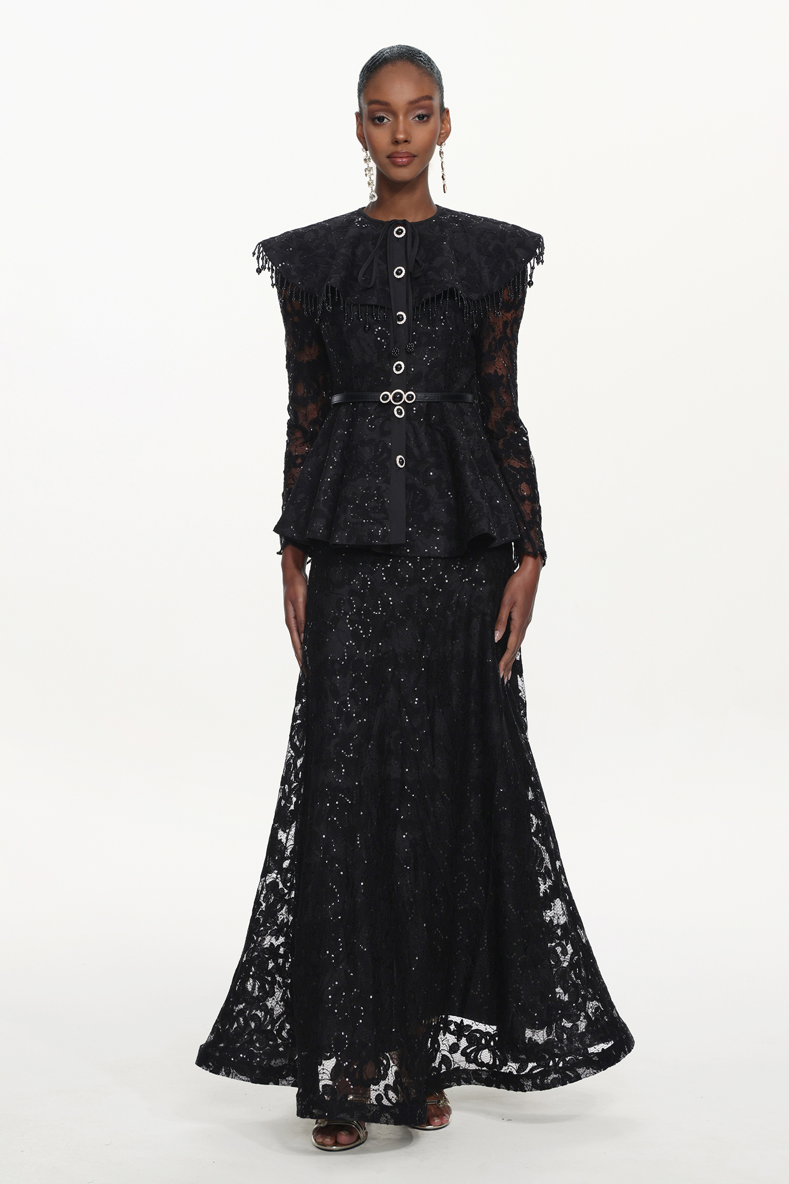 Marcia Romantic Tailored Long Sleeve Lace Black Top and Skirt Set