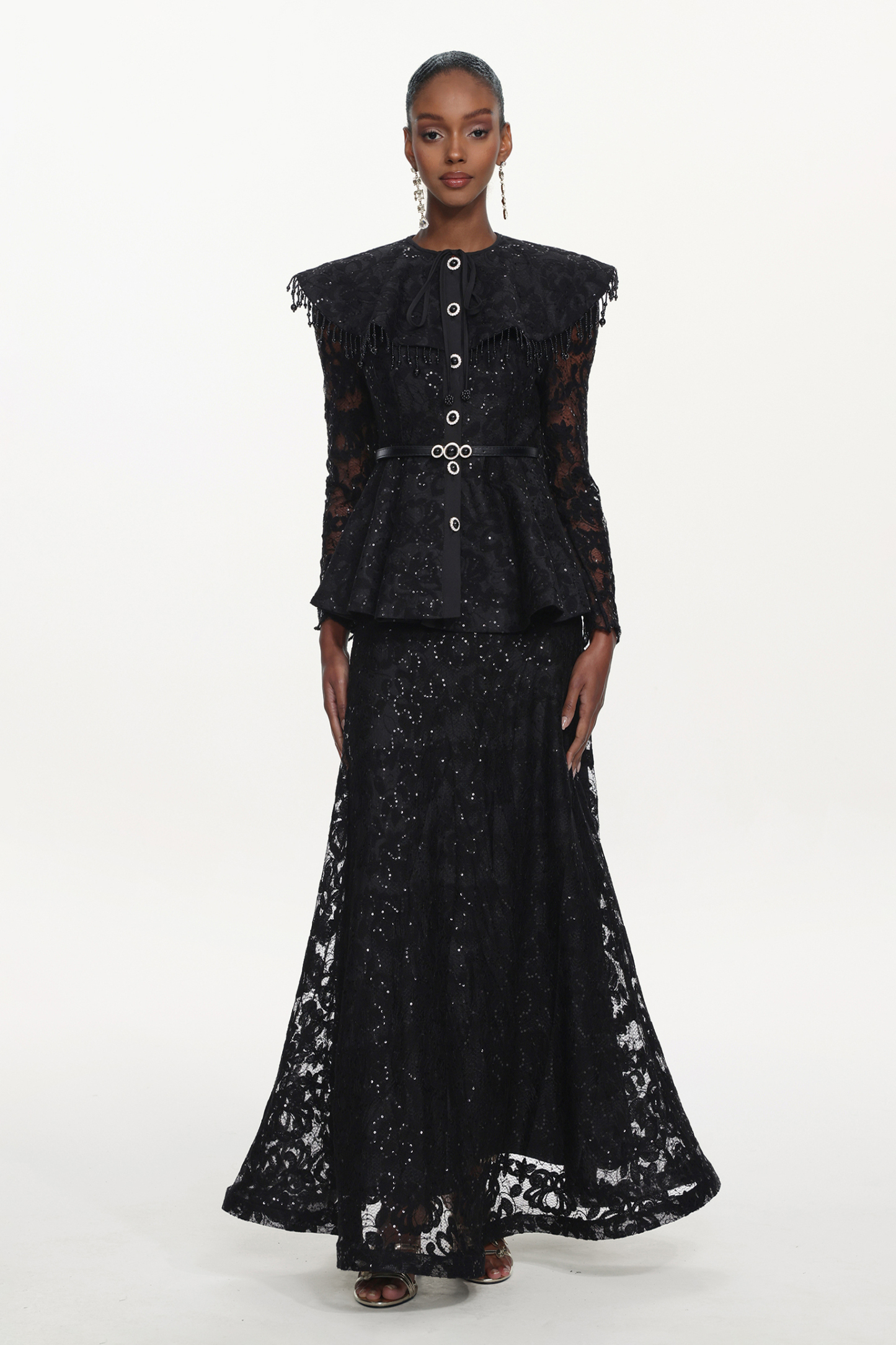 Marcia Romantic Tailored Long Sleeve Lace Black Top and Skirt Set