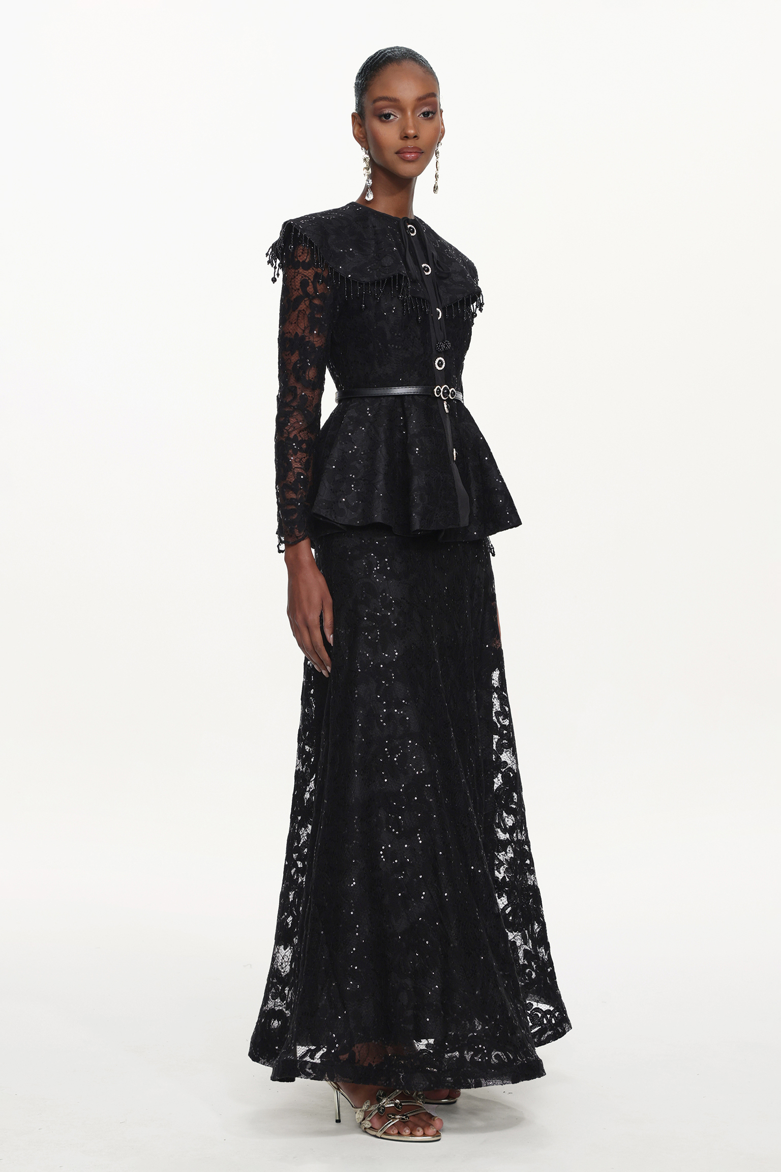 Marcia Romantic Tailored Long Sleeve Lace Black Top and Skirt Set
