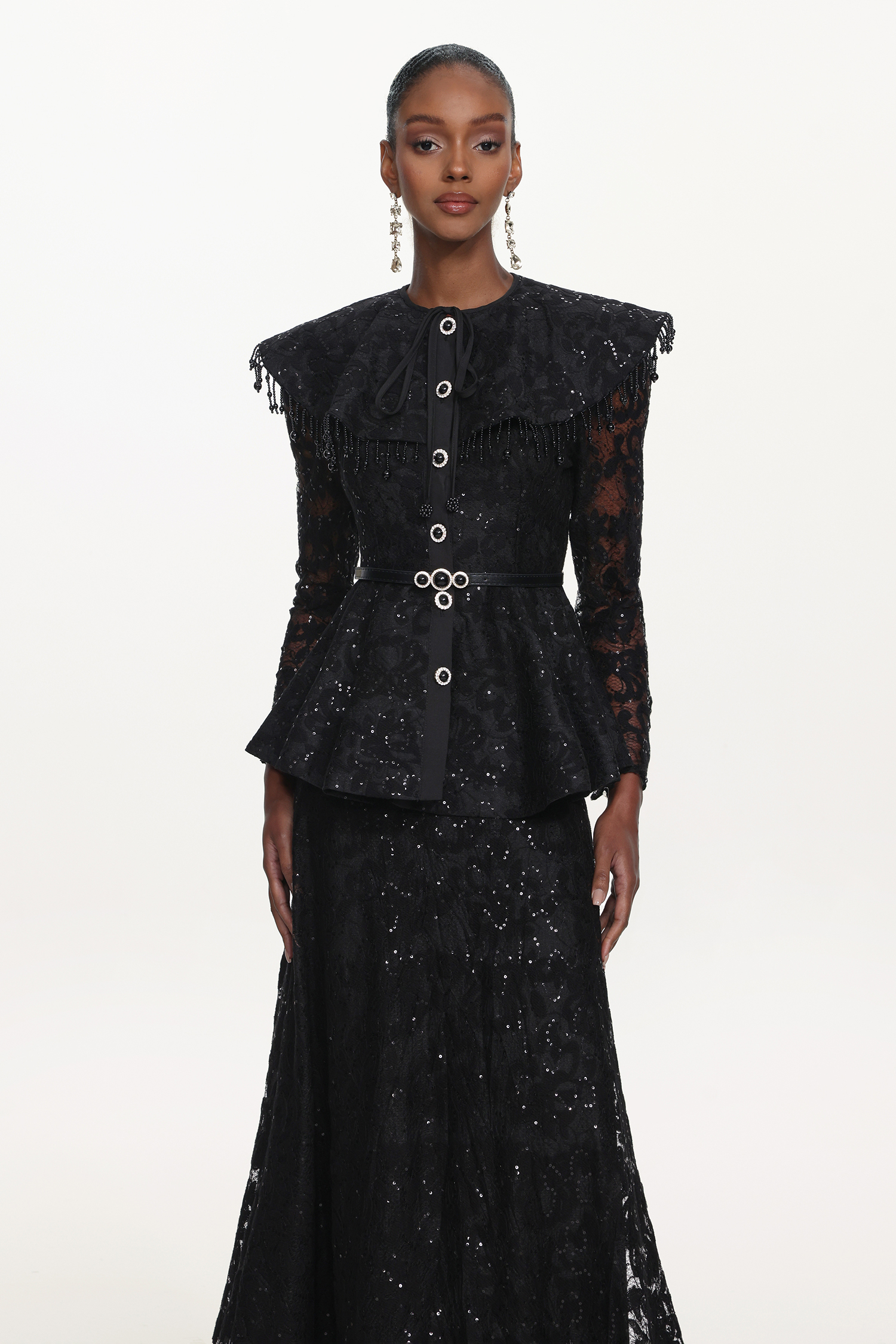 Marcia Romantic Tailored Long Sleeve Lace Black Top and Skirt Set