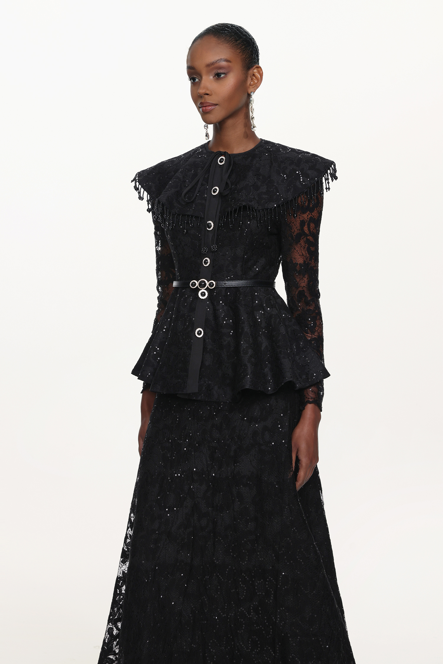 Marcia Romantic Tailored Long Sleeve Lace Black Top and Skirt Set