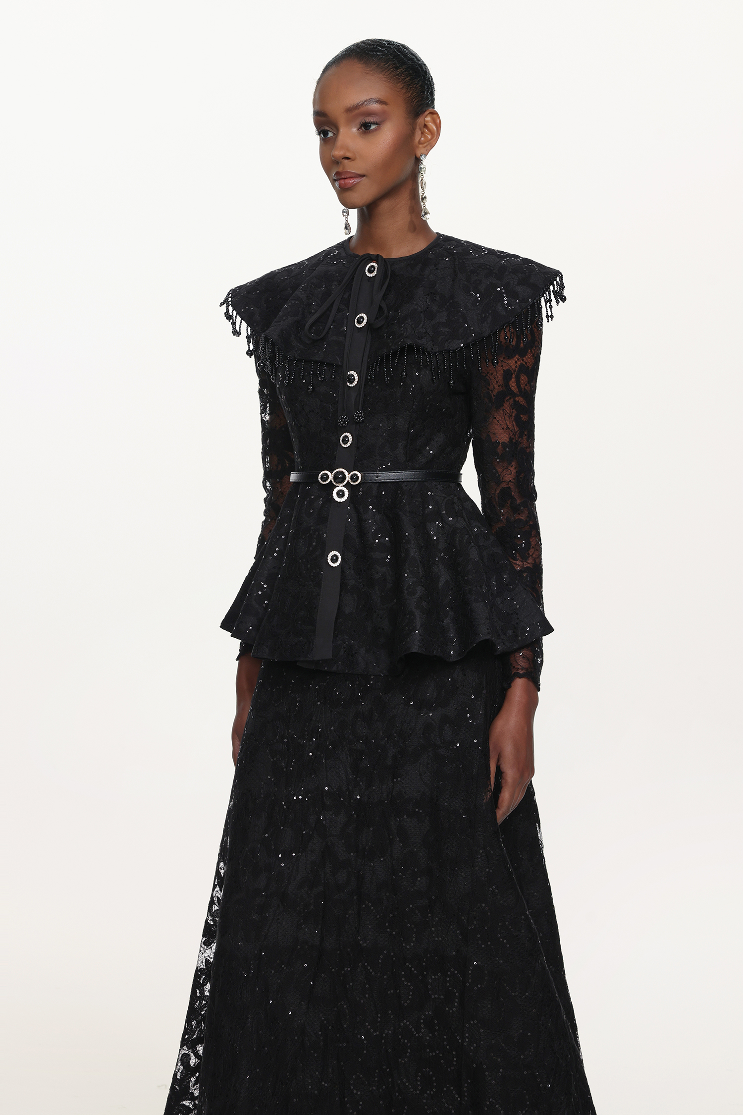 Marcia Romantic Tailored Long Sleeve Lace Black Top and Skirt Set