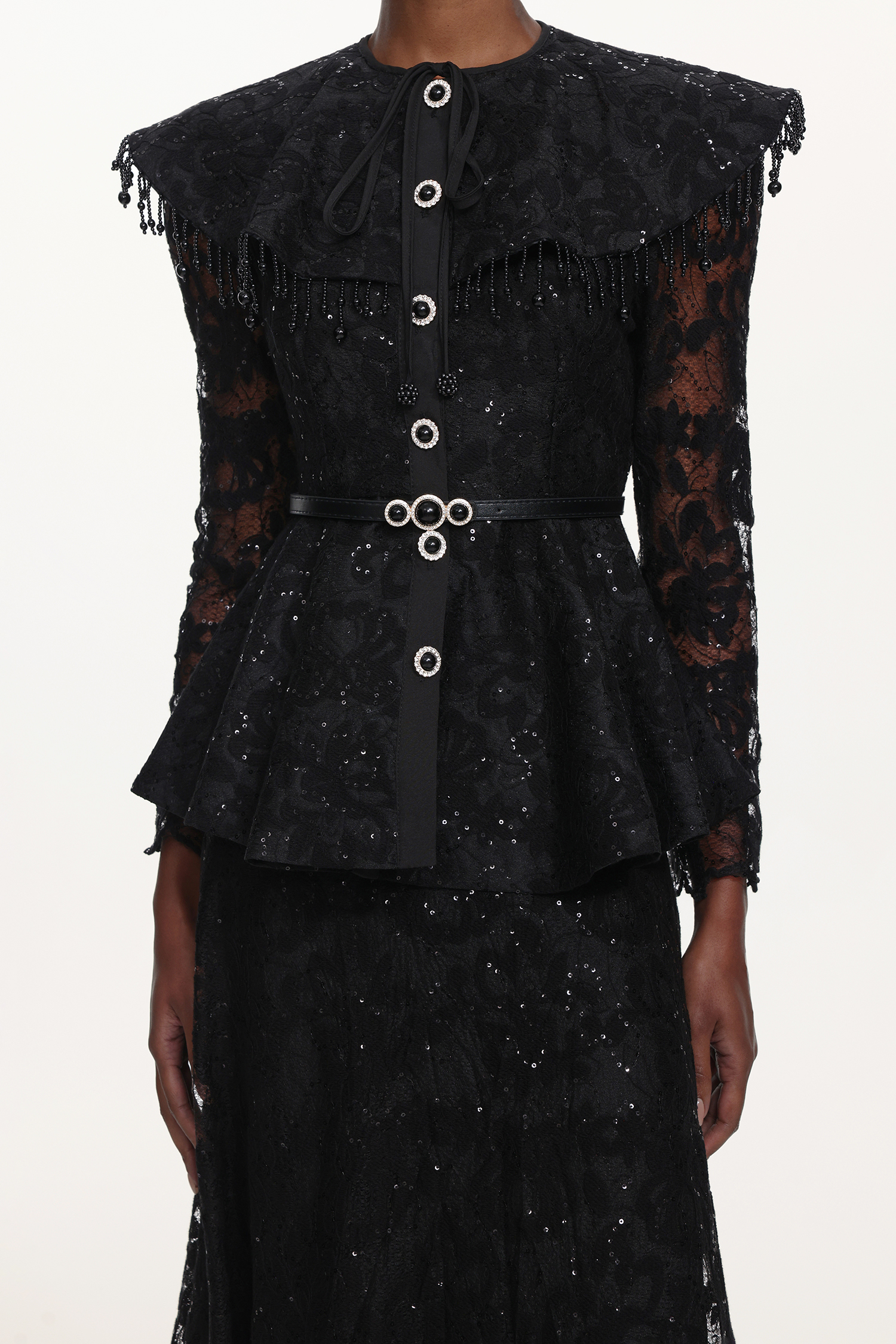 Marcia Romantic Tailored Long Sleeve Lace Black Top and Skirt Set
