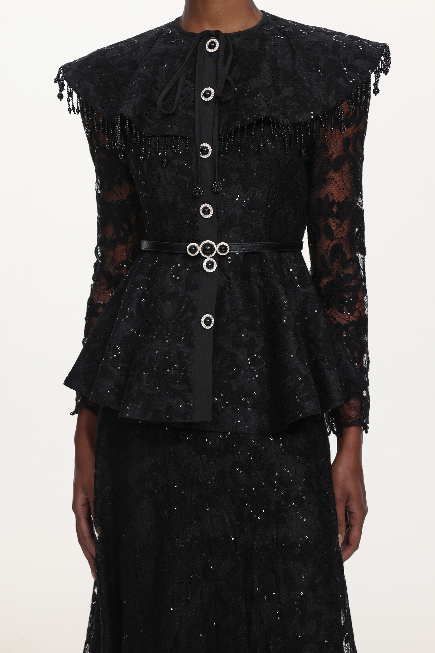 Marcia Romantic Tailored Long Sleeve Lace Black Top and Skirt Set
