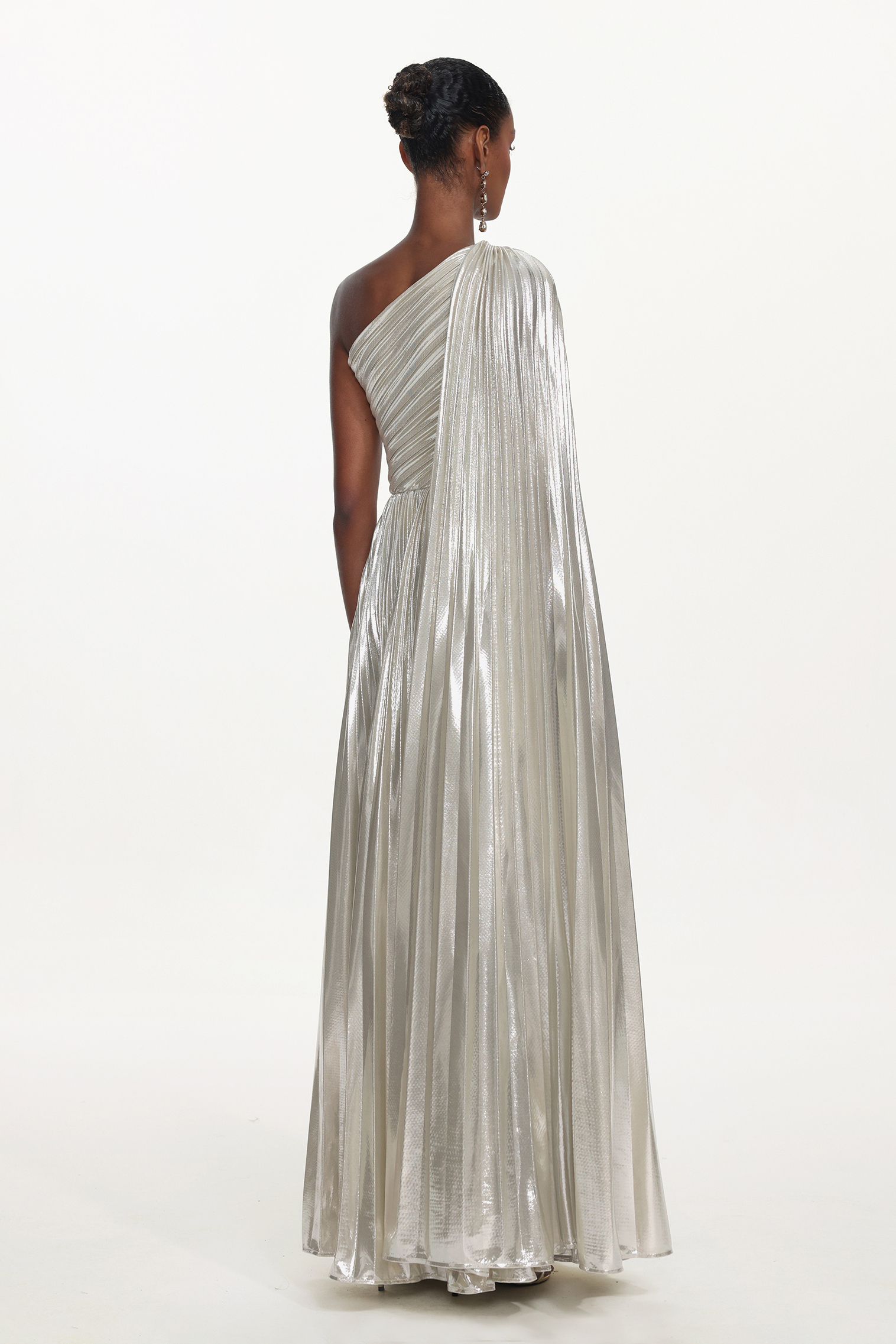Leyla Glamorous Contour One Shoulder Drape Pleated Metallic Maxi Dress