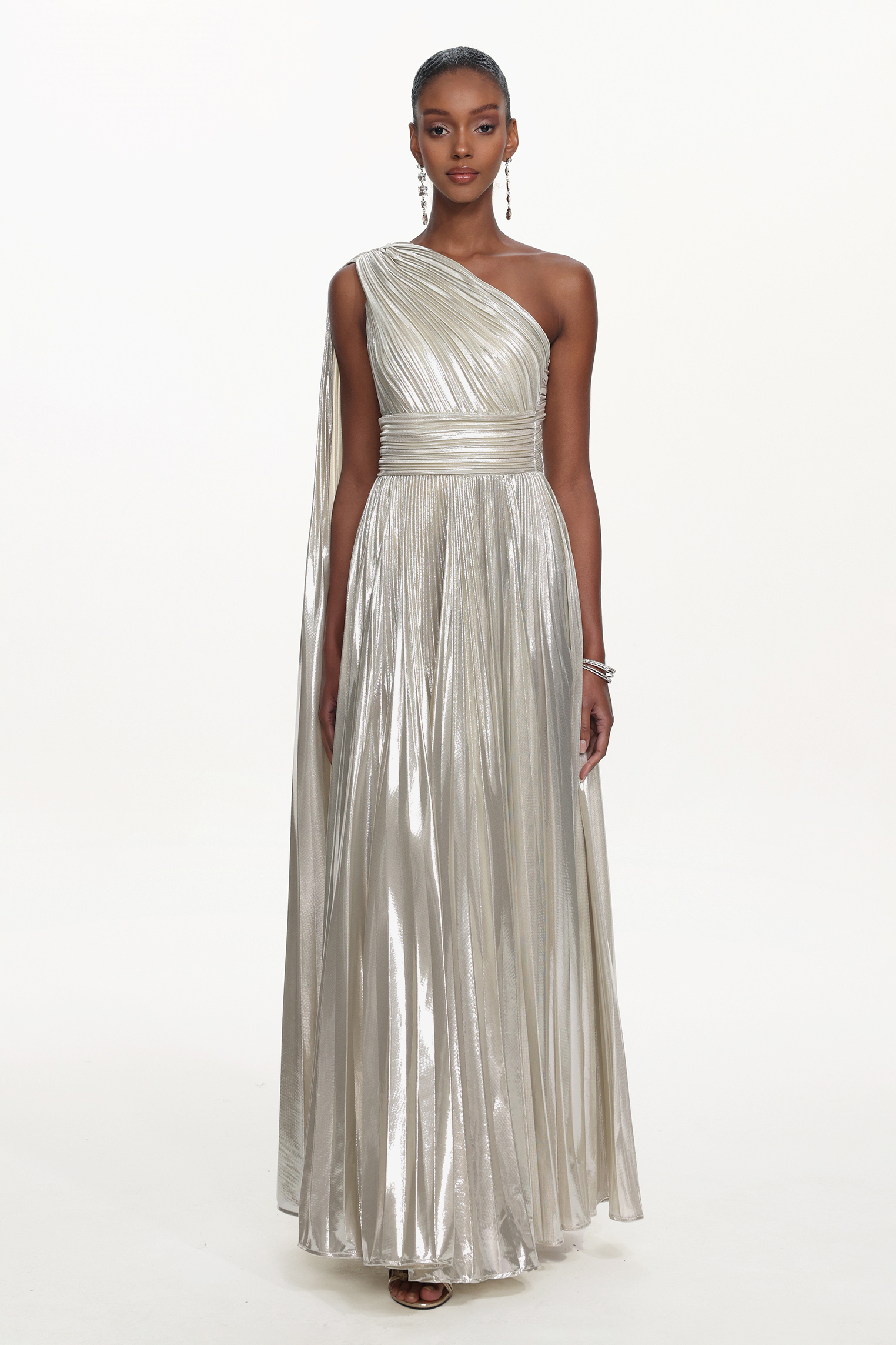 Leyla Glamorous Contour One Shoulder Drape Pleated Metallic Maxi Dress