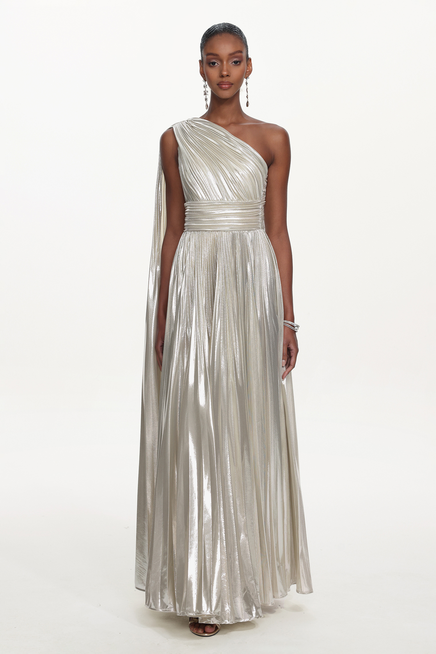Leyla Glamorous Contour One Shoulder Drape Pleated Metallic Maxi Dress