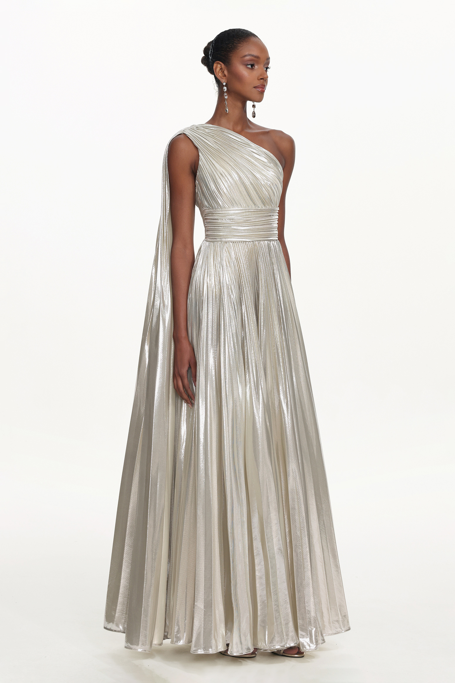 Leyla Glamorous Contour One Shoulder Drape Pleated Metallic Maxi Dress