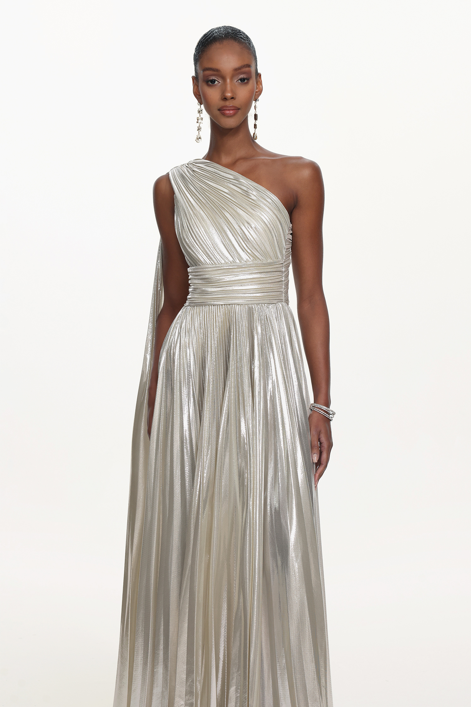 Leyla Glamorous Contour One Shoulder Drape Pleated Metallic Maxi Dress