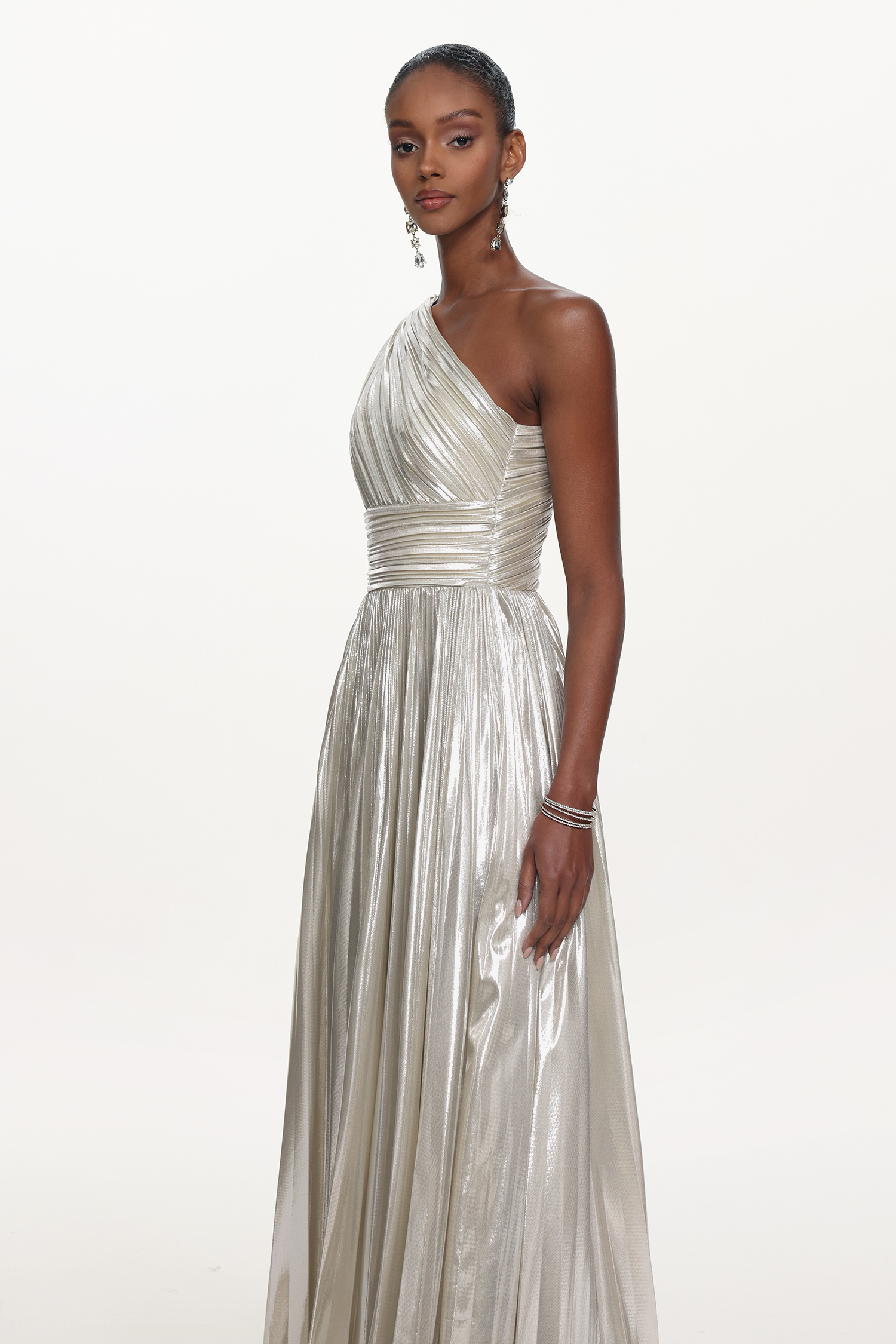 Leyla Glamorous Contour One Shoulder Drape Pleated Metallic Maxi Dress