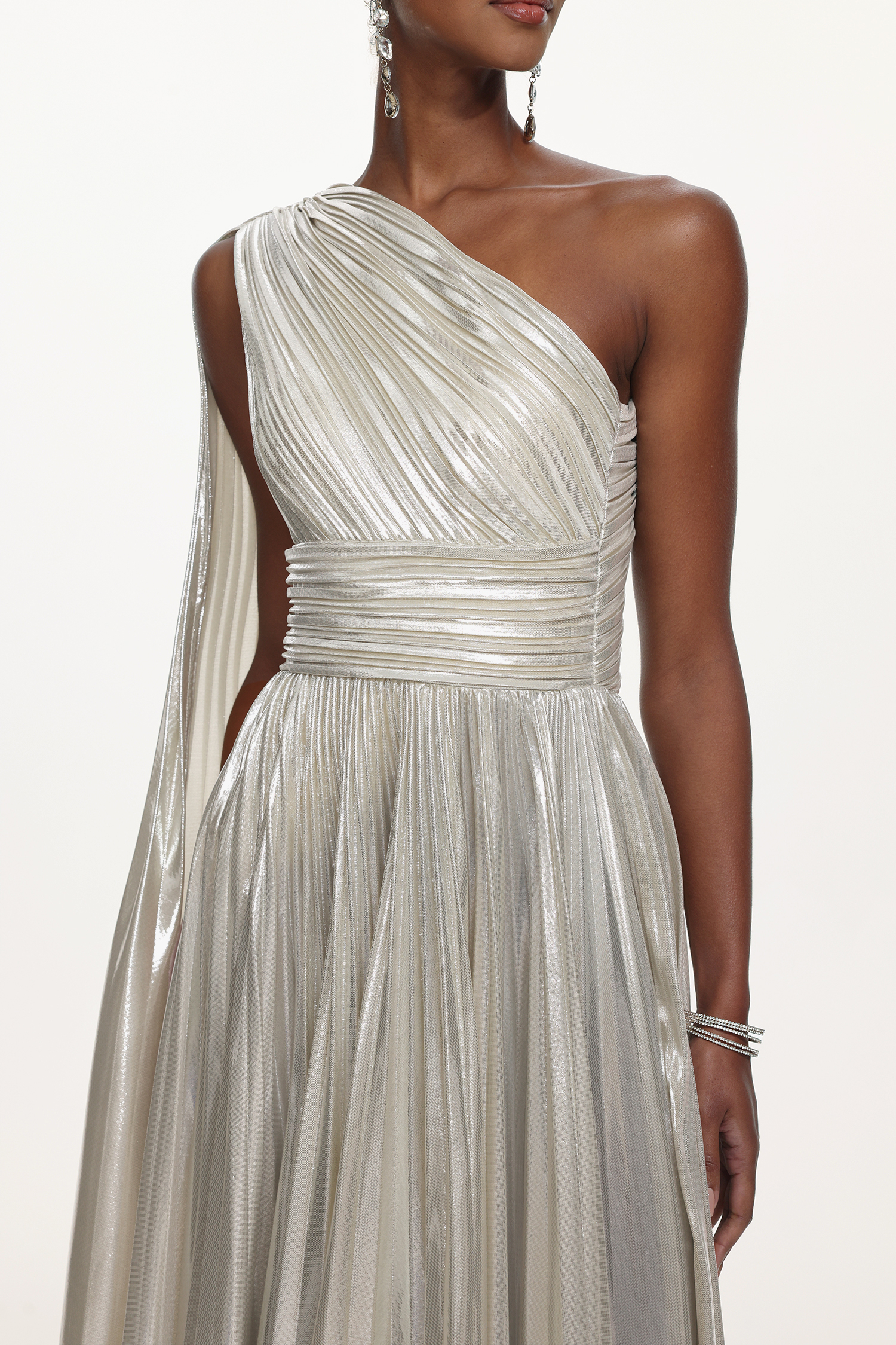Leyla Glamorous Contour One Shoulder Drape Pleated Metallic Maxi Dress