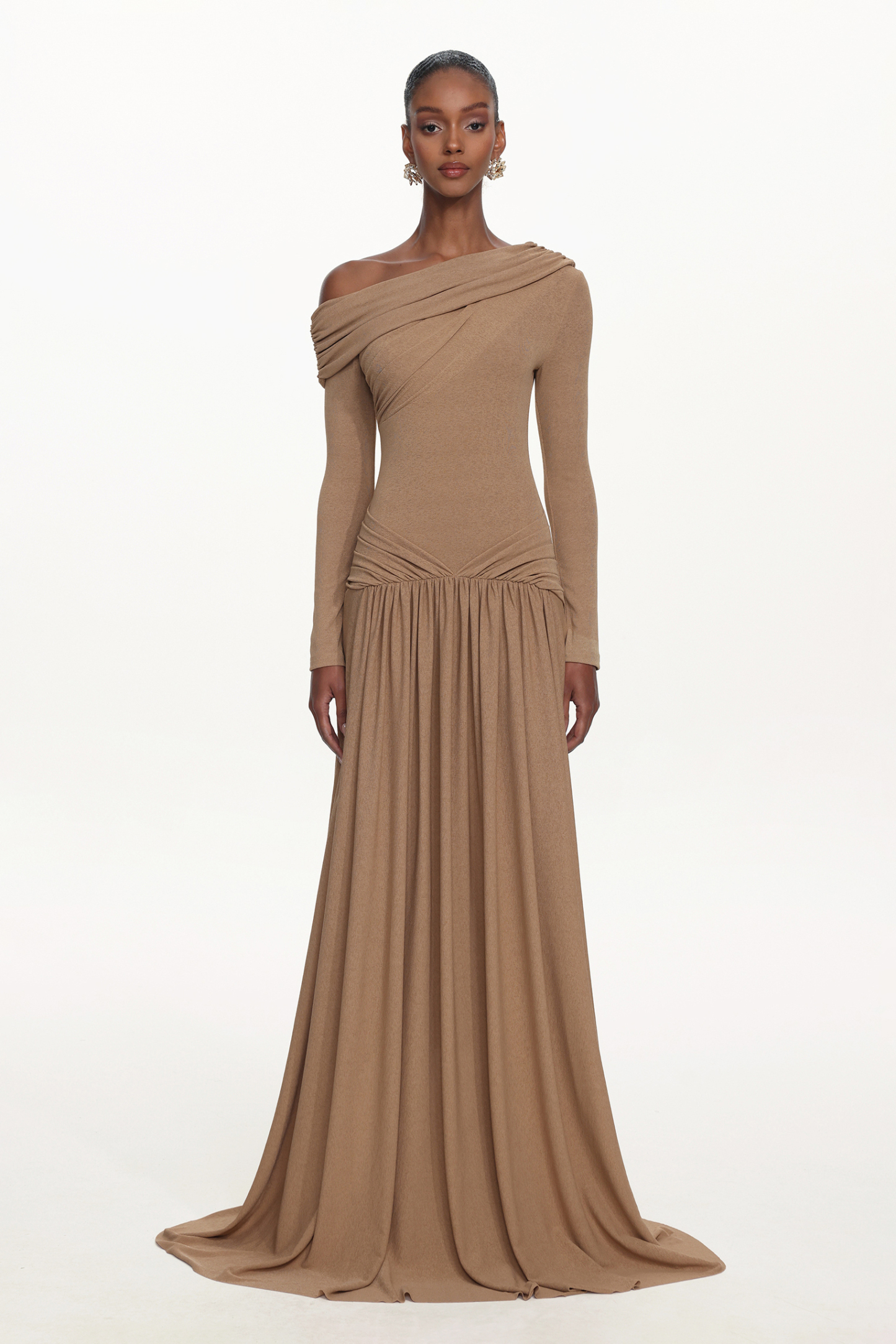 Lala Elegant Contour Off Shoulder Long Sleeve Ruched Knit Khaki Maxi Dress