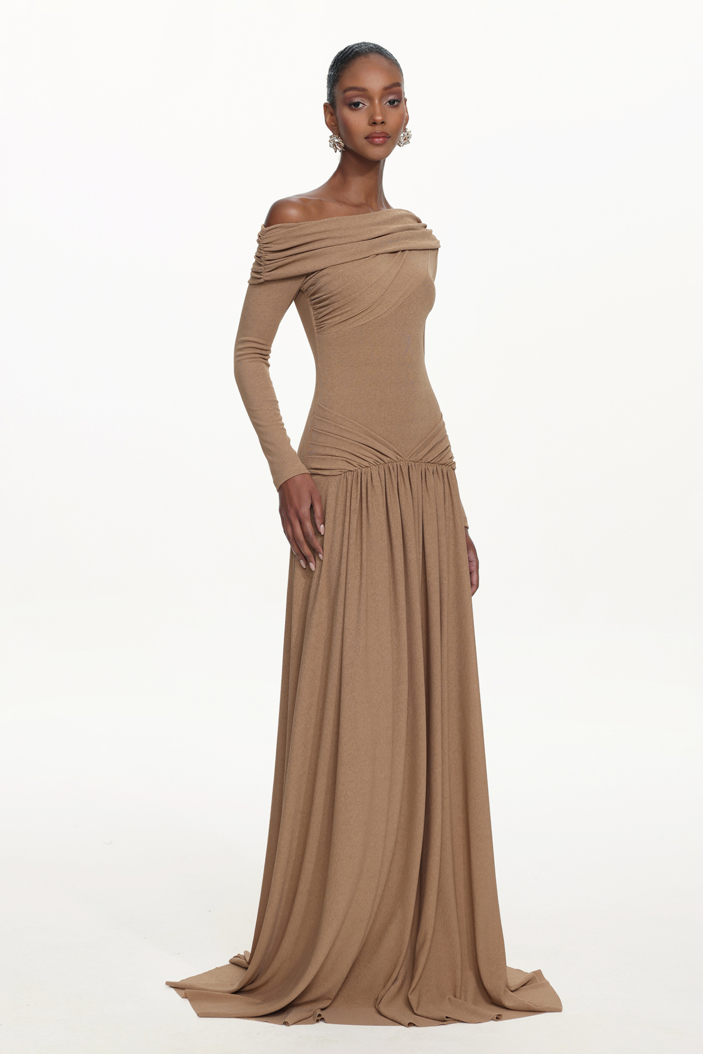 Lala Elegant Contour Off Shoulder Long Sleeve Ruched Knit Khaki Maxi Dress