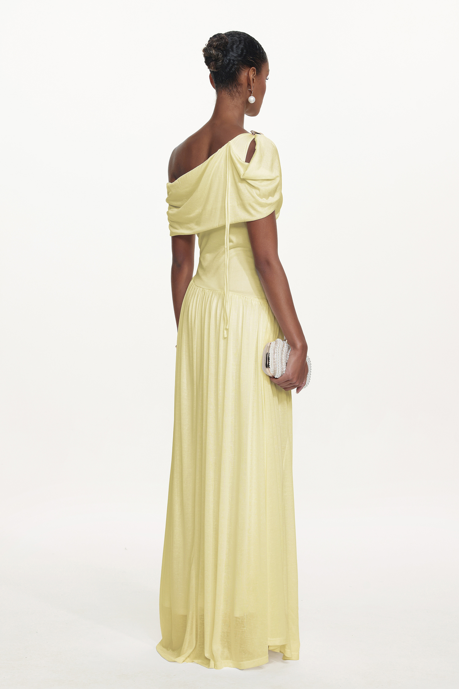 Salina Elegant Contour Sleeveless Asymmetric Cut Out Ruched Knit Yellow Maxi Dress