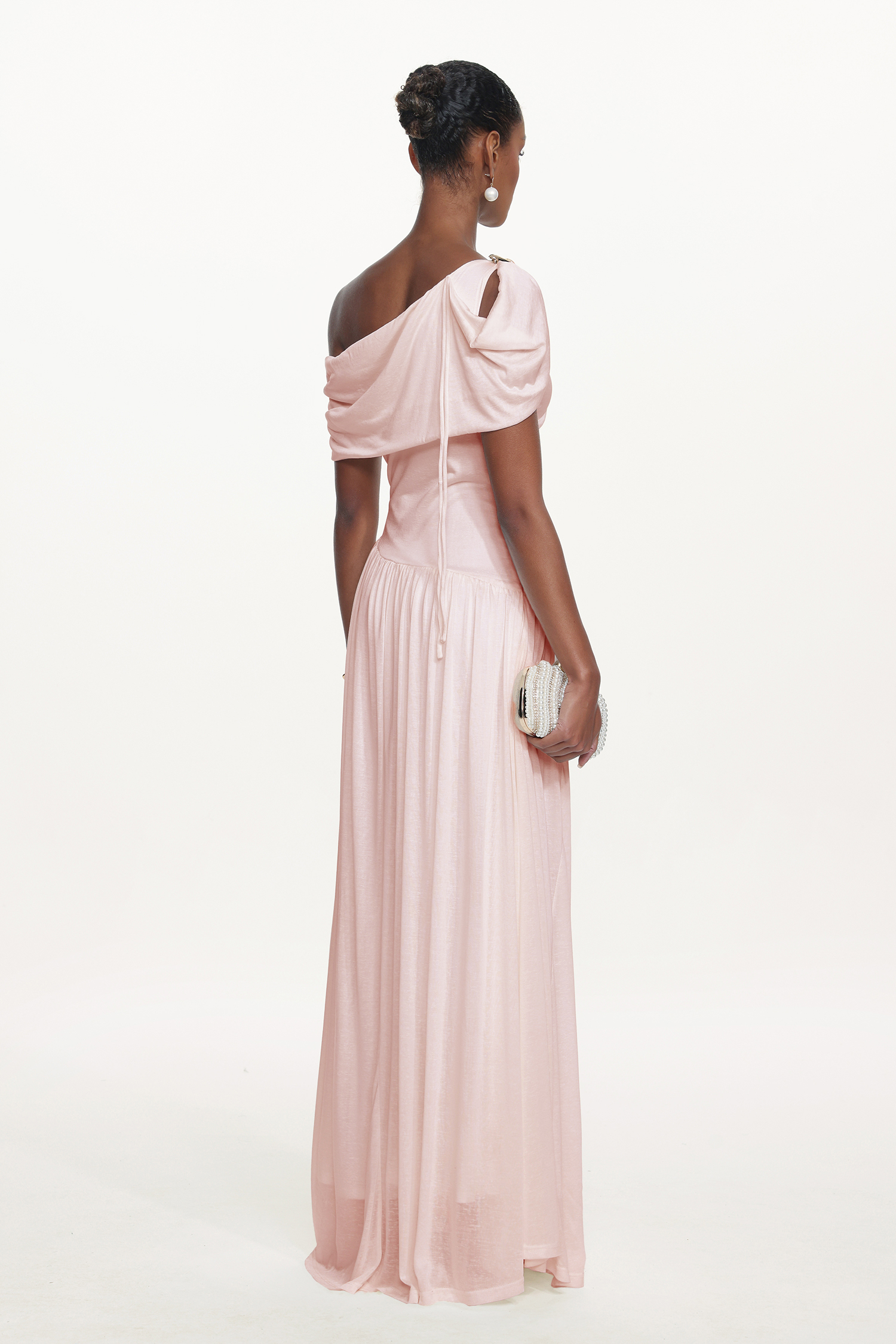 Salina Elegant Contour Sleeveless Asymmetric Cut Out Ruched Pink Knit Maxi Dress