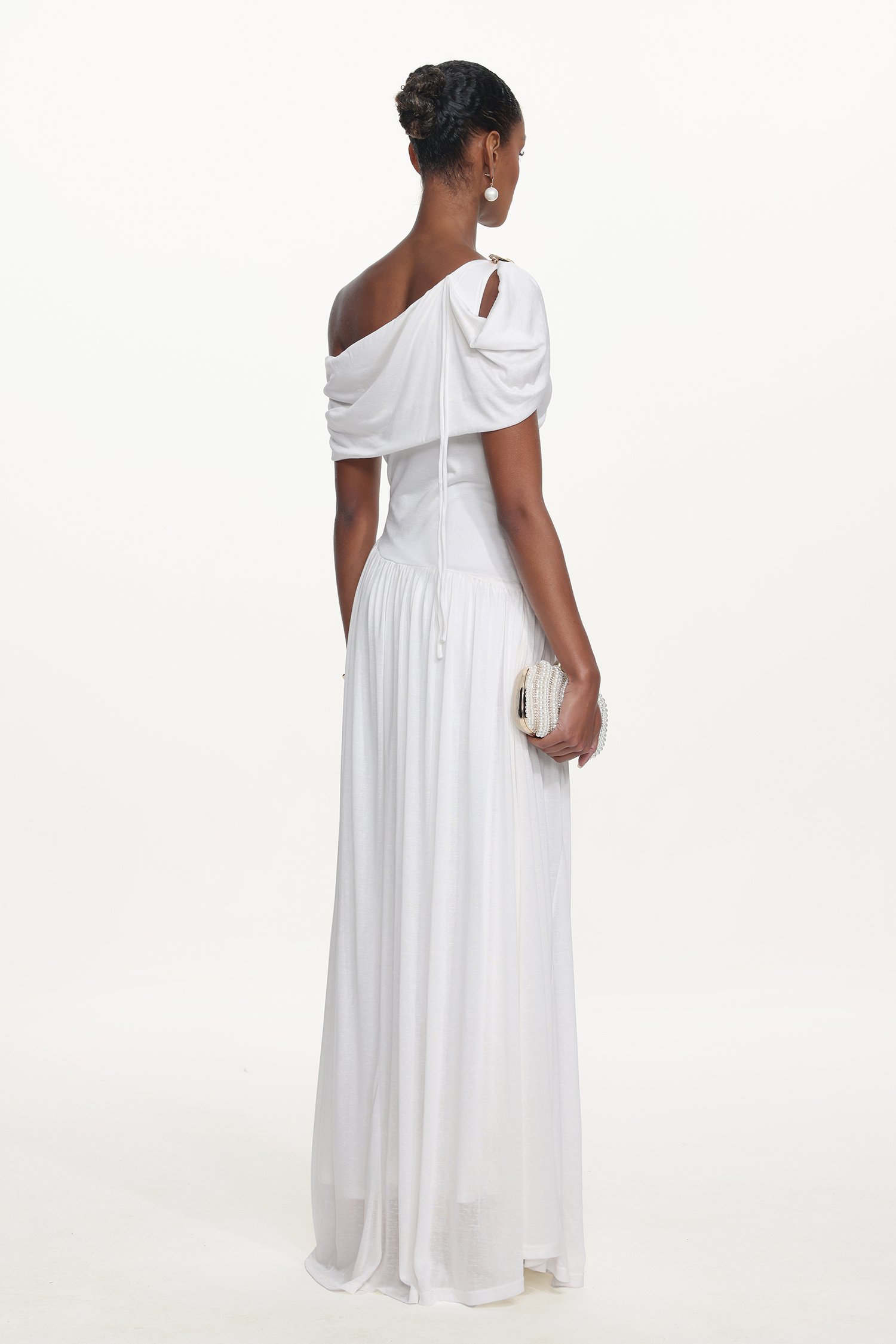 Salina Elegant Contour Sleeveless Asymmetric Cut Out Ruched White Knit Maxi Dress