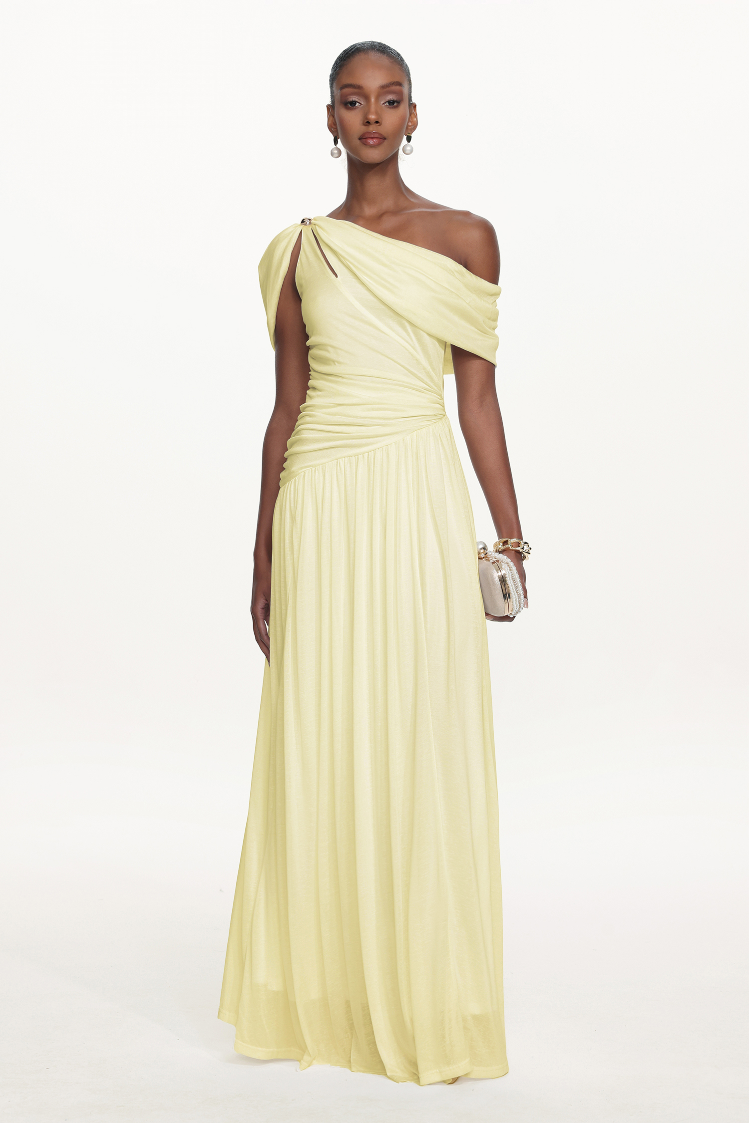 Salina Elegant Contour Sleeveless Asymmetric Cut Out Ruched Knit Yellow Maxi Dress