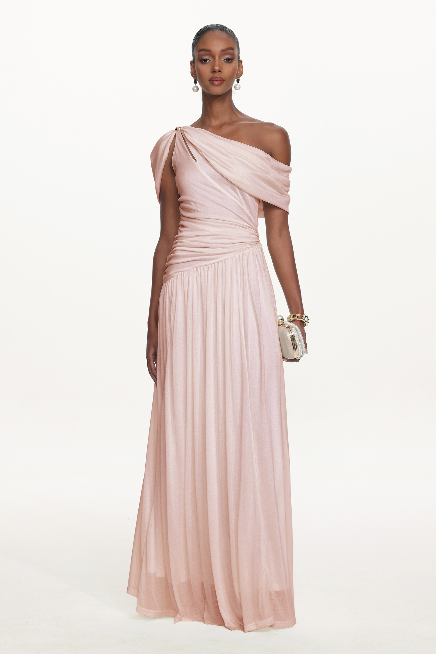 Salina Elegant Contour Sleeveless Asymmetric Cut Out Ruched Pink Knit Maxi Dress