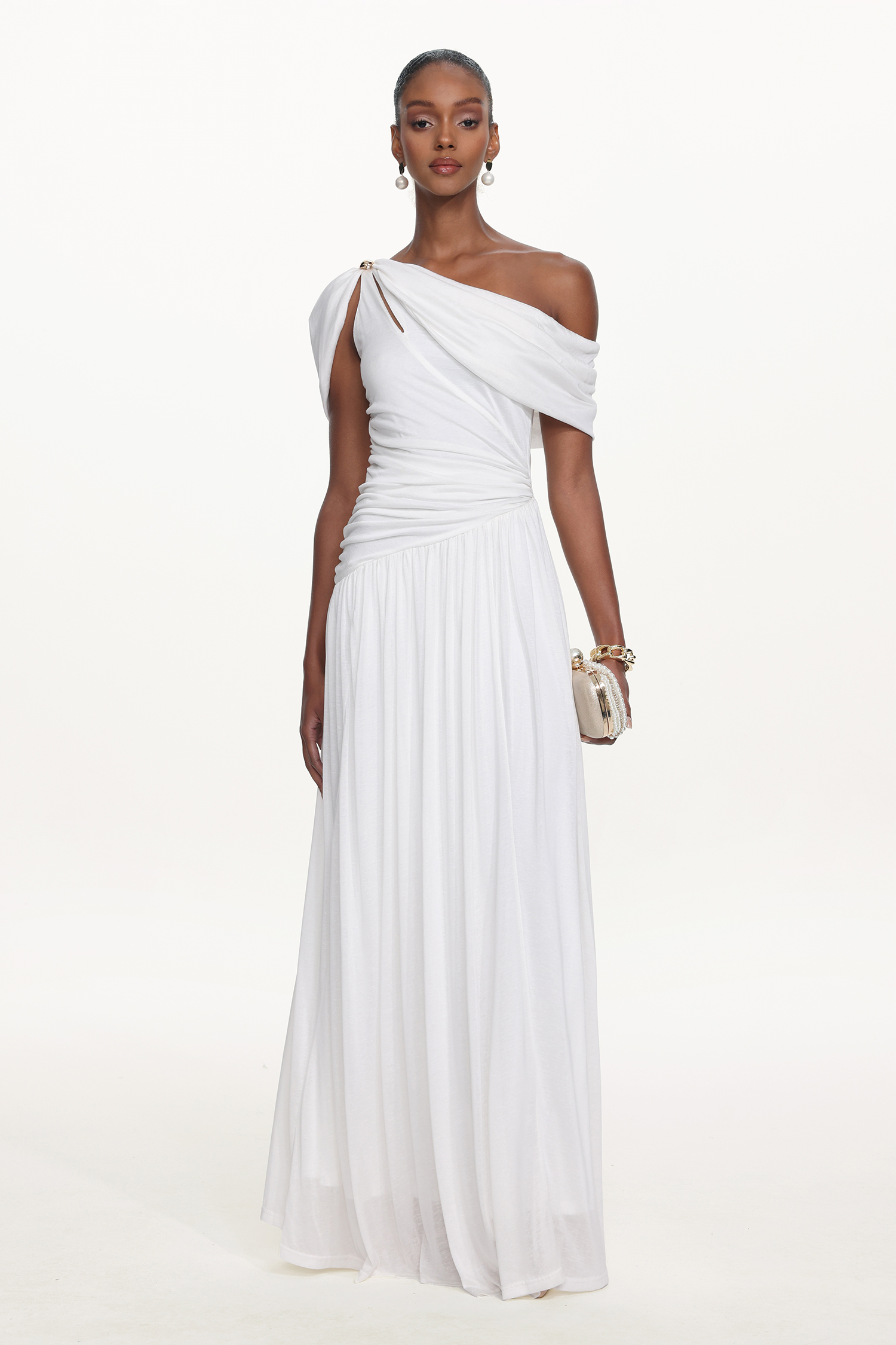 Salina Elegant Contour Sleeveless Asymmetric Cut Out Ruched White Knit Maxi Dress