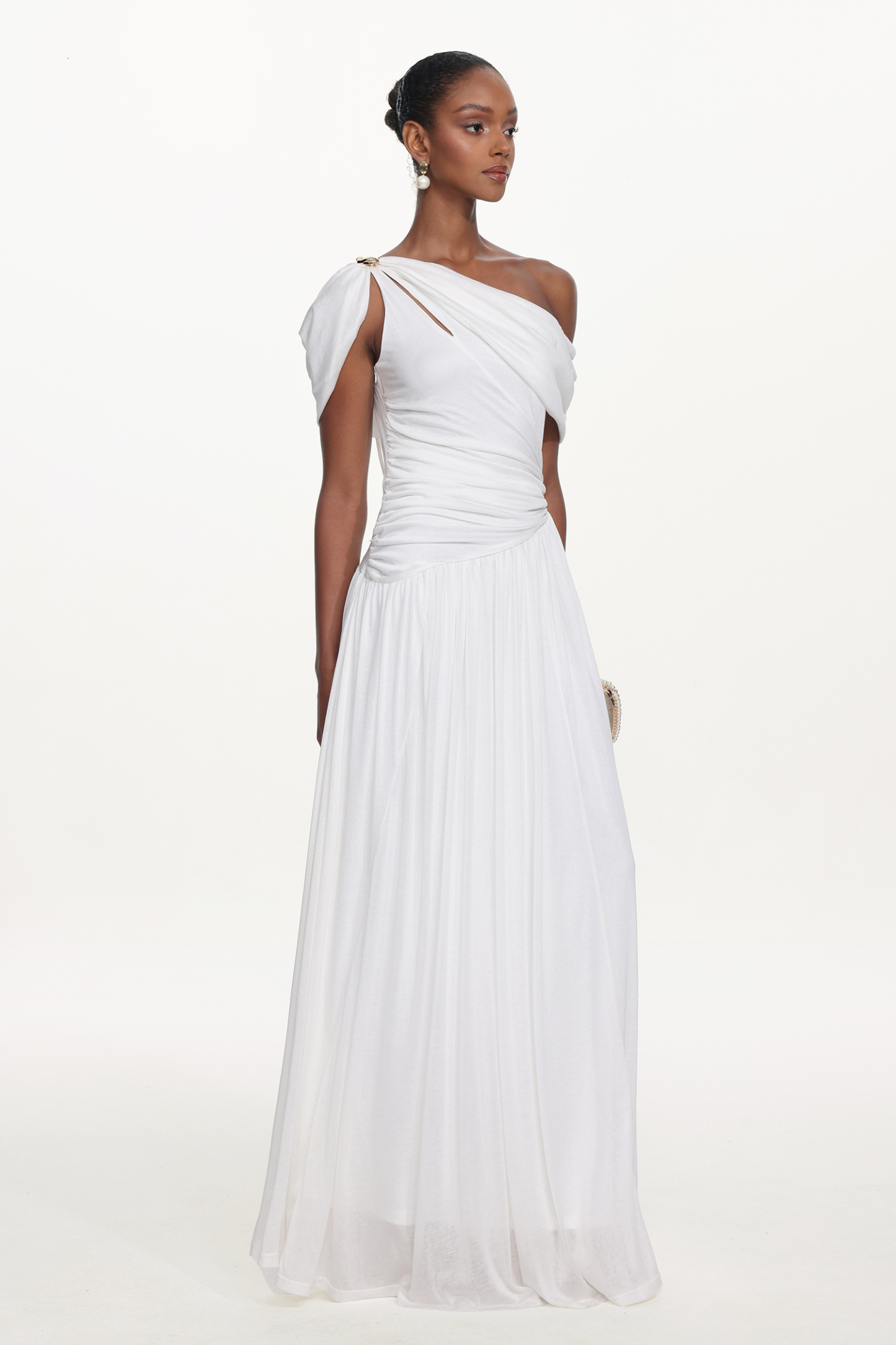 Salina Elegant Contour Sleeveless Asymmetric Cut Out Ruched White Knit Maxi Dress
