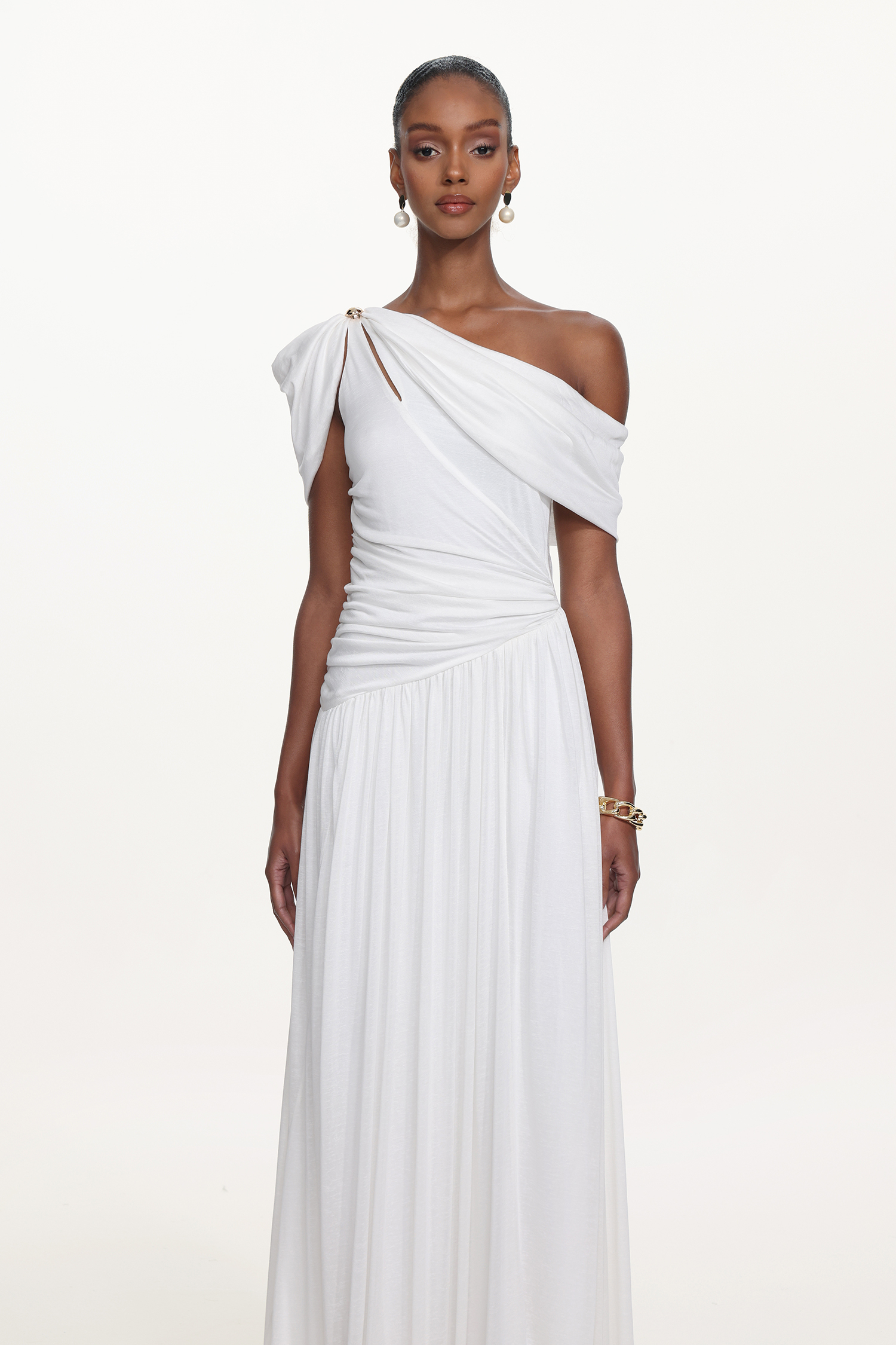 Salina Elegant Contour Sleeveless Asymmetric Cut Out Ruched White Knit Maxi Dress