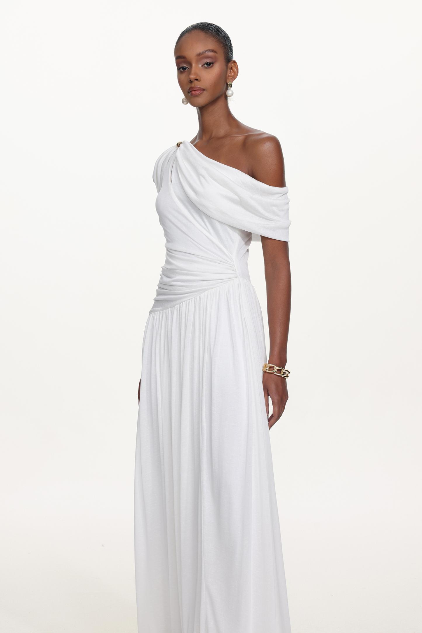 Salina Elegant Contour Sleeveless Asymmetric Cut Out Ruched White Knit Maxi Dress