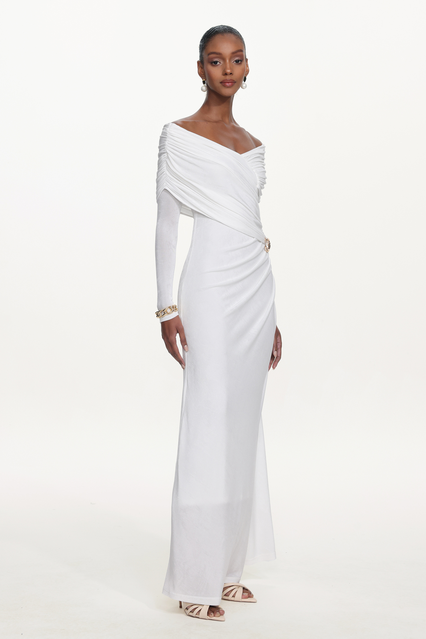 Mocano Romantic Contour V Neck Long Sleeve Asymmetric Ruched Knit White Maxi Dress