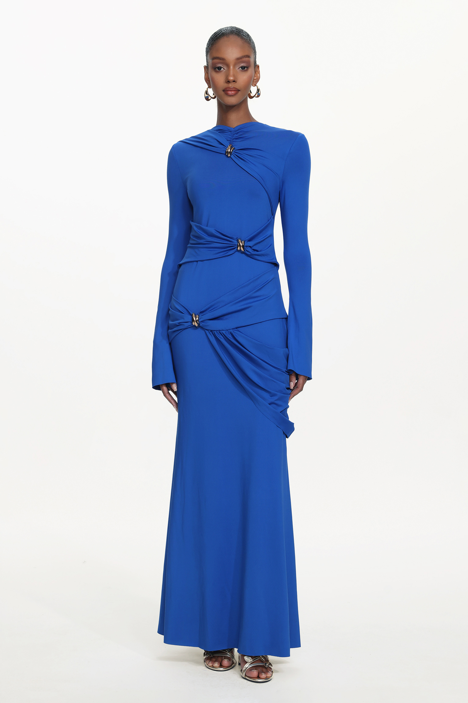 Sara Chic Contour Long Sleeve Asymmetric Metal Buckle Ruched Knit Maxi Dress