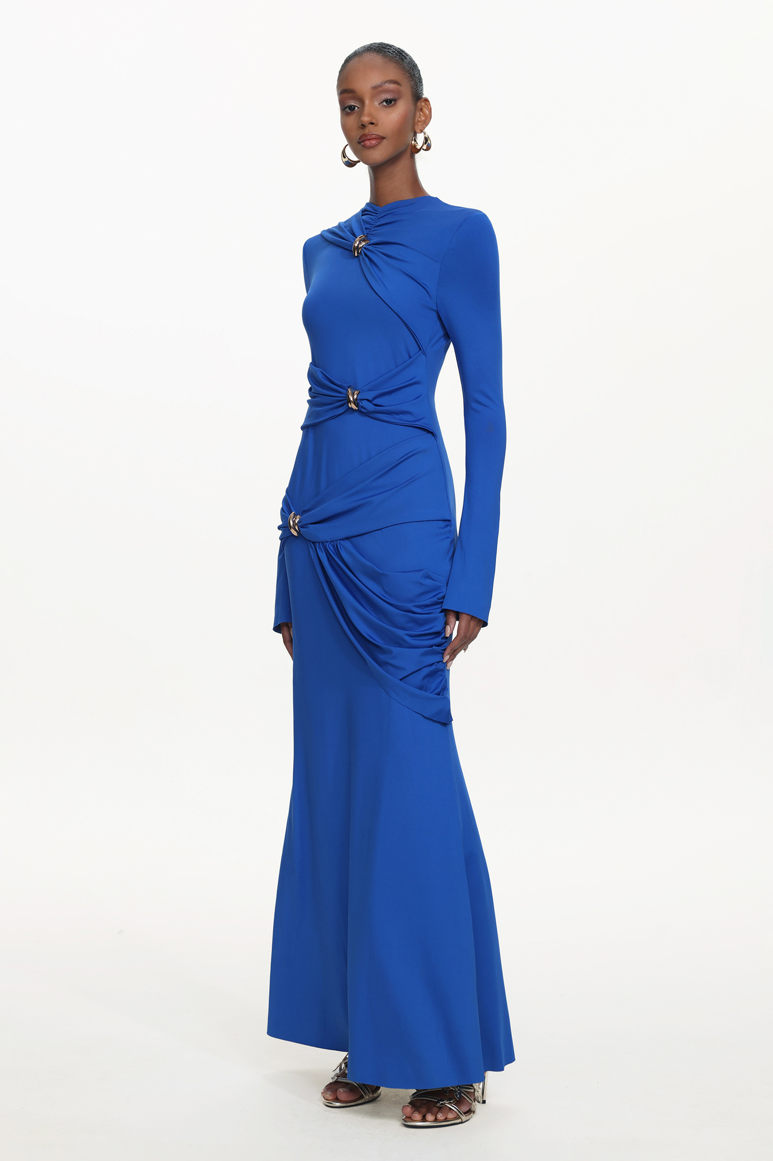 Sara Chic Contour Long Sleeve Asymmetric Metal Buckle Ruched Knit Maxi Dress