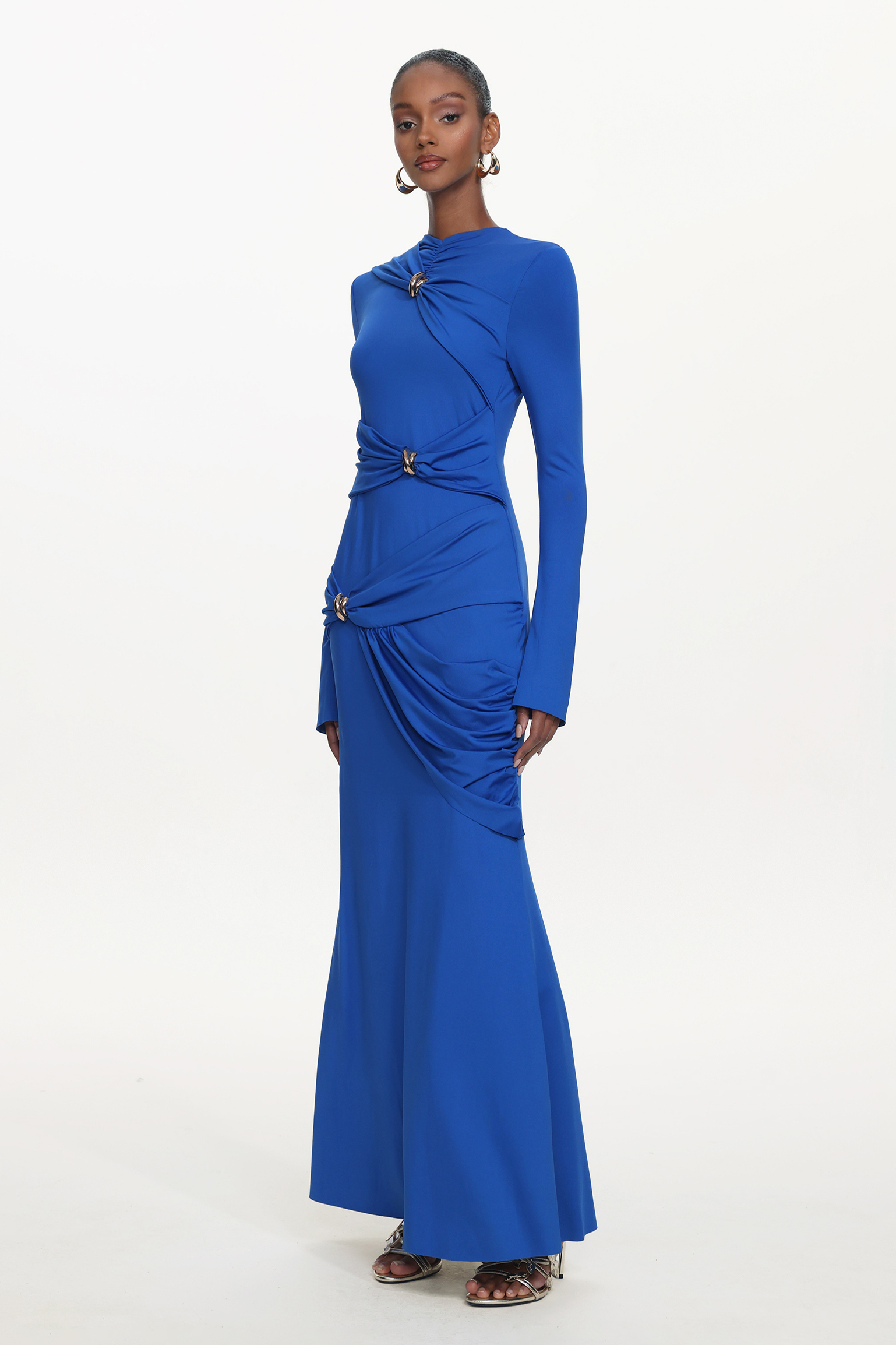 Sara Chic Contour Long Sleeve Asymmetric Metal Buckle Ruched Knit Maxi Dress