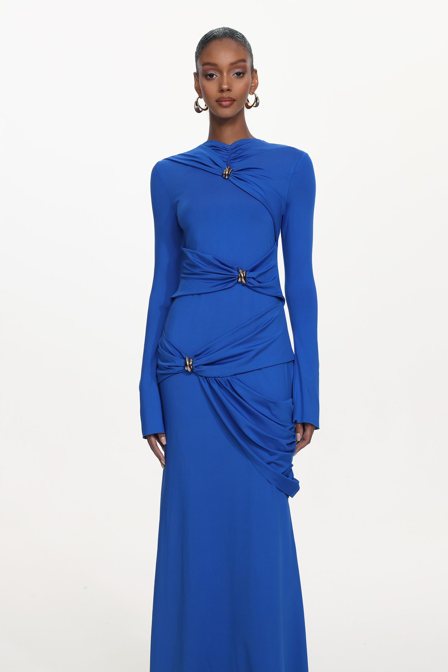 Sara Chic Contour Long Sleeve Asymmetric Metal Buckle Ruched Knit Maxi Dress