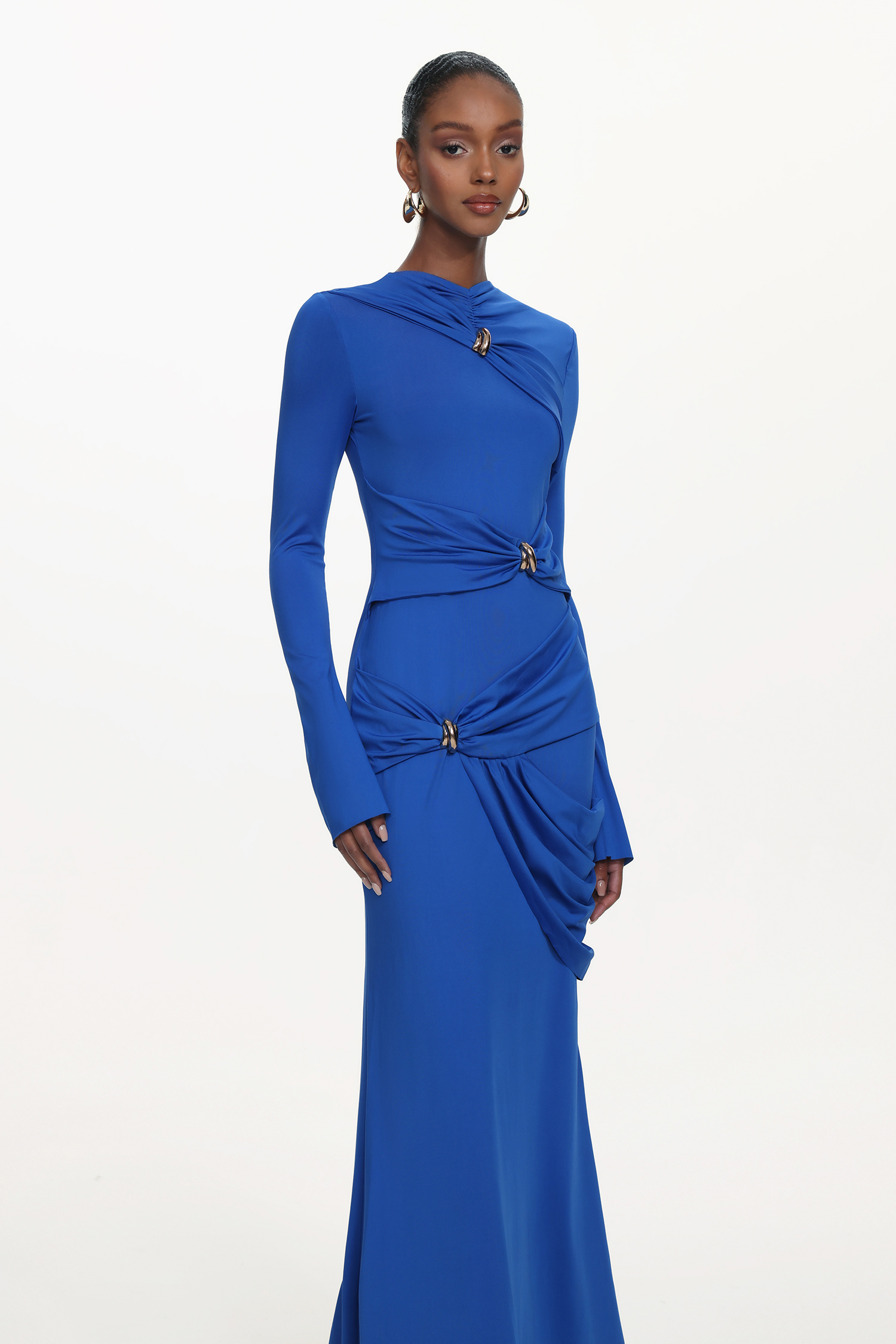 Sara Chic Contour Long Sleeve Asymmetric Metal Buckle Ruched Knit Maxi Dress