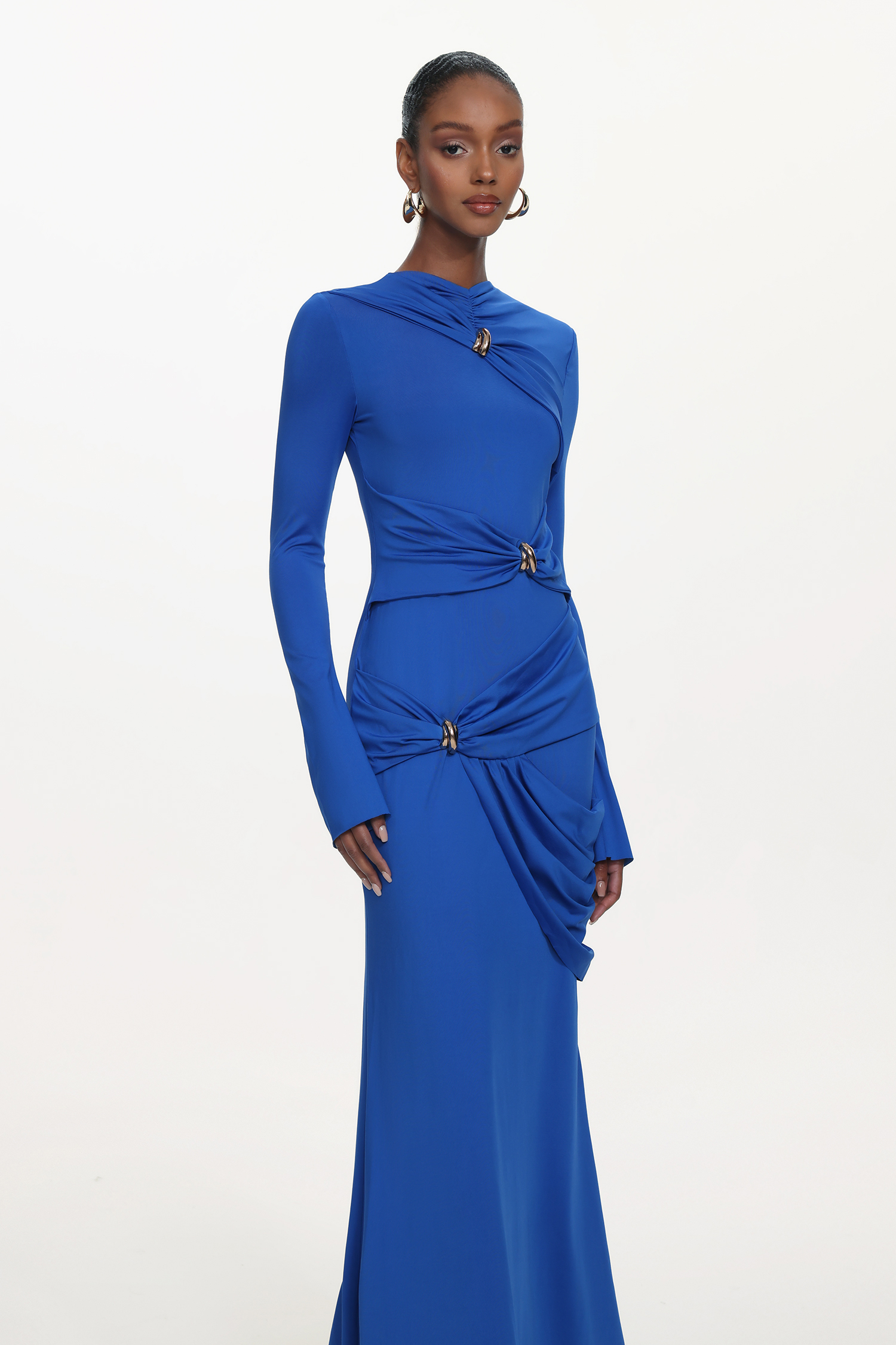 Sara Chic Contour Long Sleeve Asymmetric Metal Buckle Ruched Knit Maxi Dress