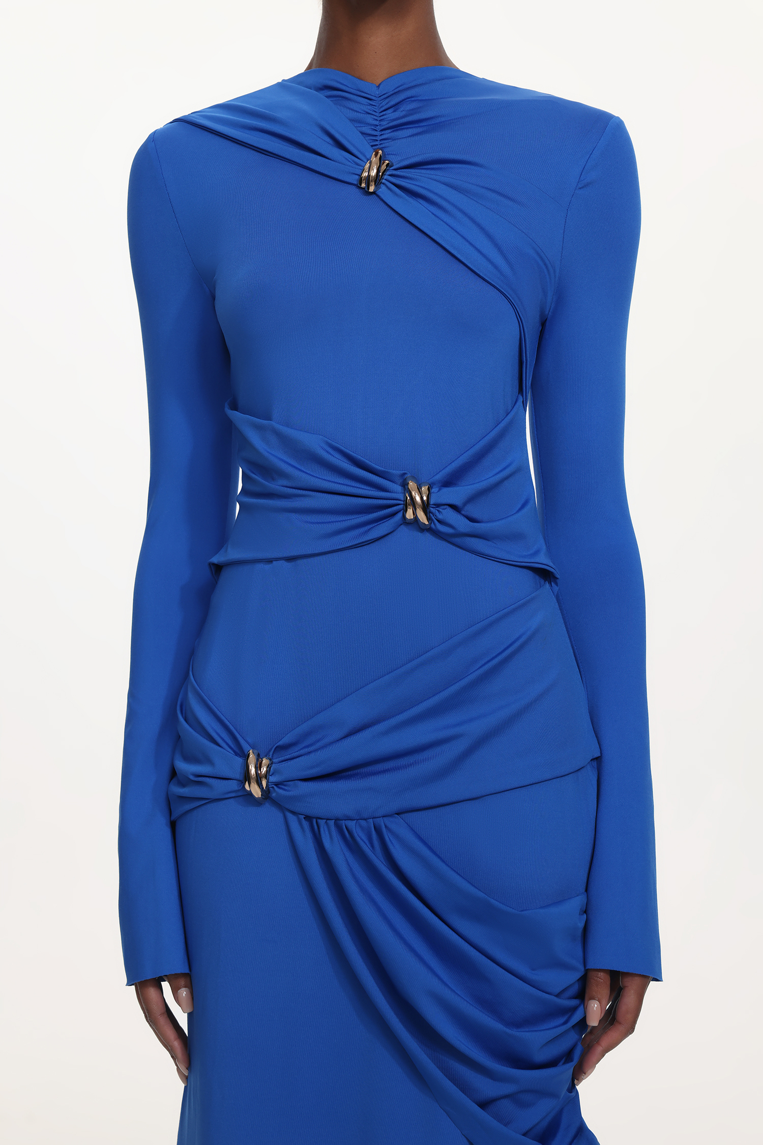 Sara Chic Contour Long Sleeve Asymmetric Metal Buckle Ruched Knit Maxi Dress