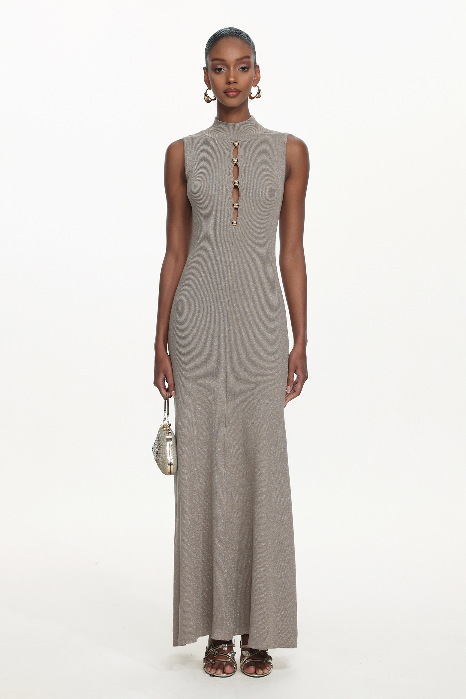 Uara Classic Contour Sleeveless Buttoned Cut Out Knit Maxi Dress