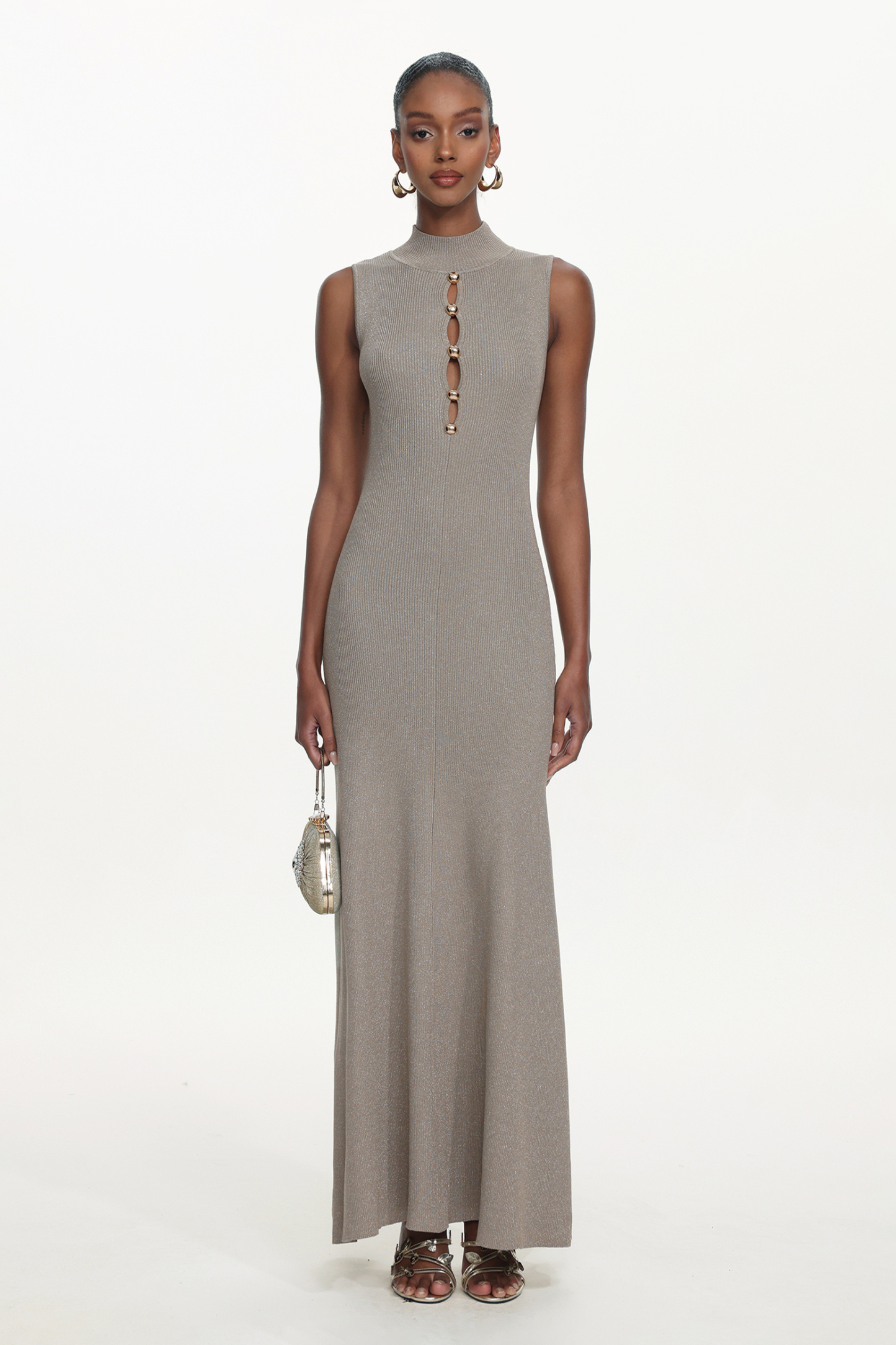 Uara Classic Contour Sleeveless Buttoned Cut Out Knit Maxi Dress